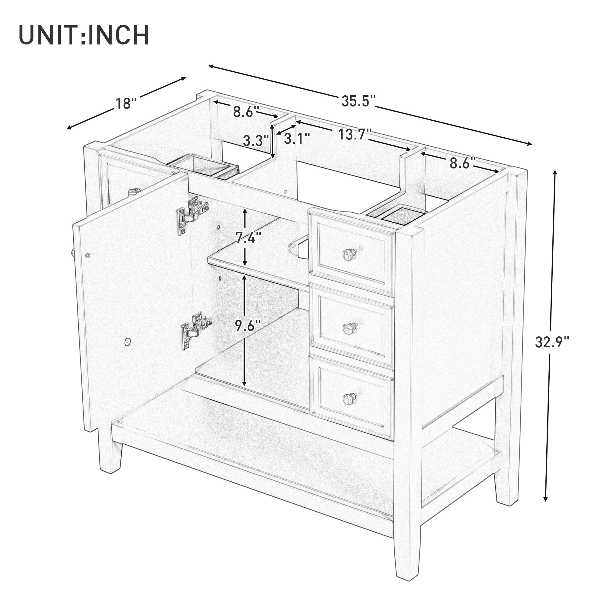 36" Bathroom Vanity without Sink, Cabinet Base Only, One Cabinet and three Drawers, Grey