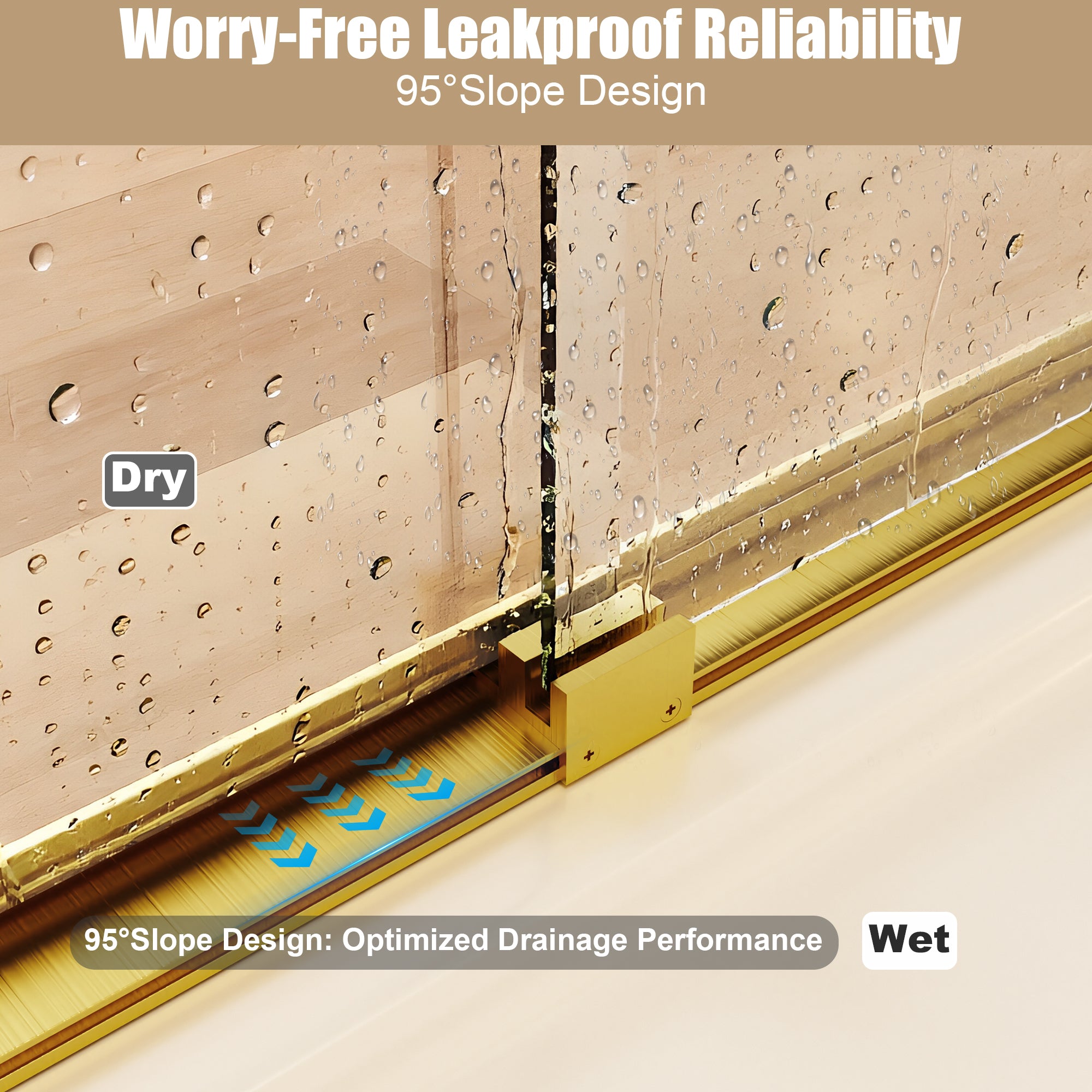 Brushed gold double sliding shower door, 44-48 inch, roller track detail