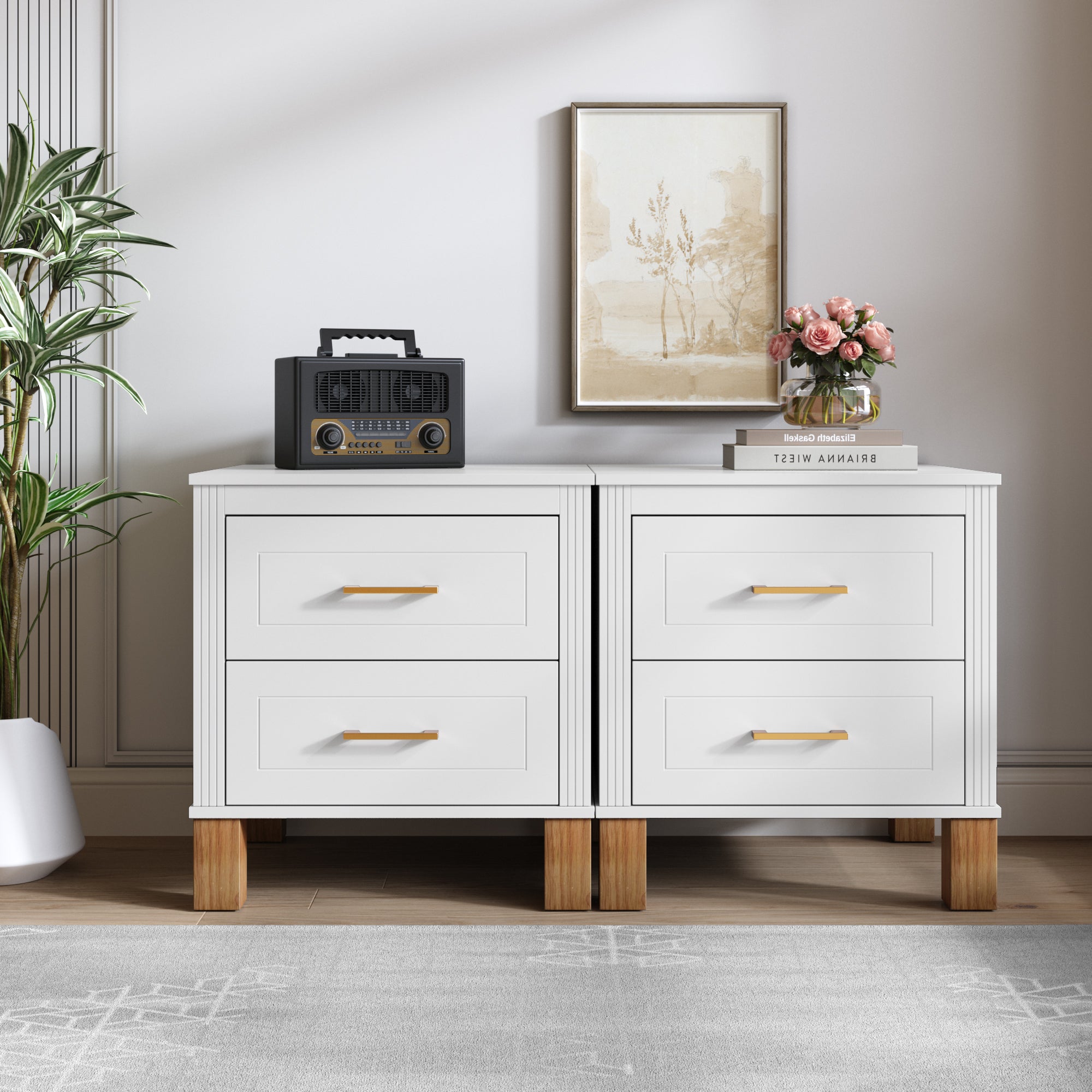 White fluted nightstand solid wood legs detail view