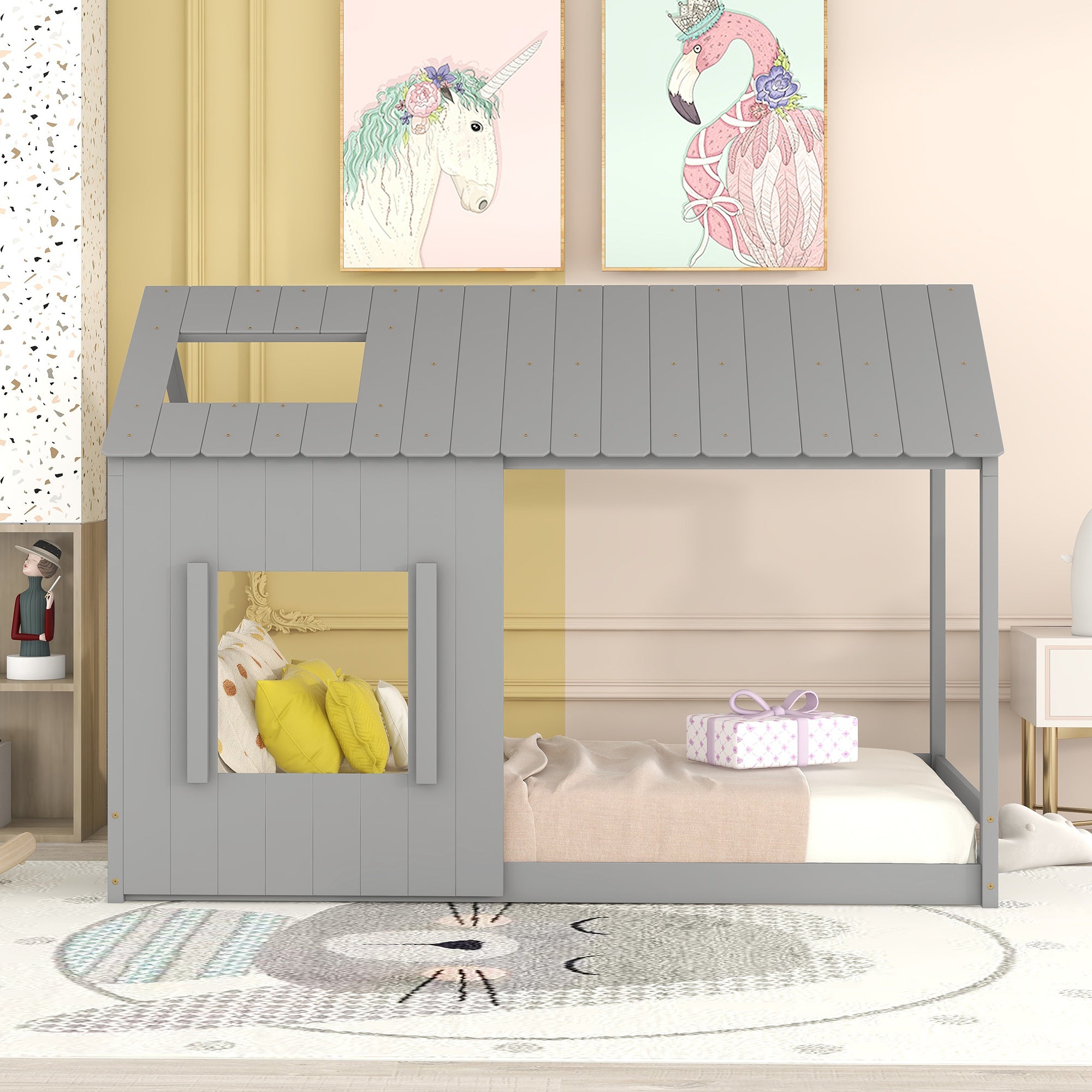 Twin Size House Bed with Roof and Window - Gray