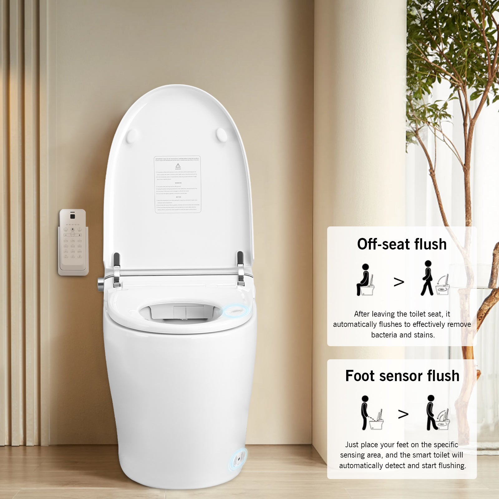 Smart Toilet Bidet Combo with Foot Sensor Open Cover/Seat, Self-Cleaning Nozzle, Heated Seat, Night Light, Knob Control, Power Outage Flushing, Soft Close, Auto Flush, with Remote Control