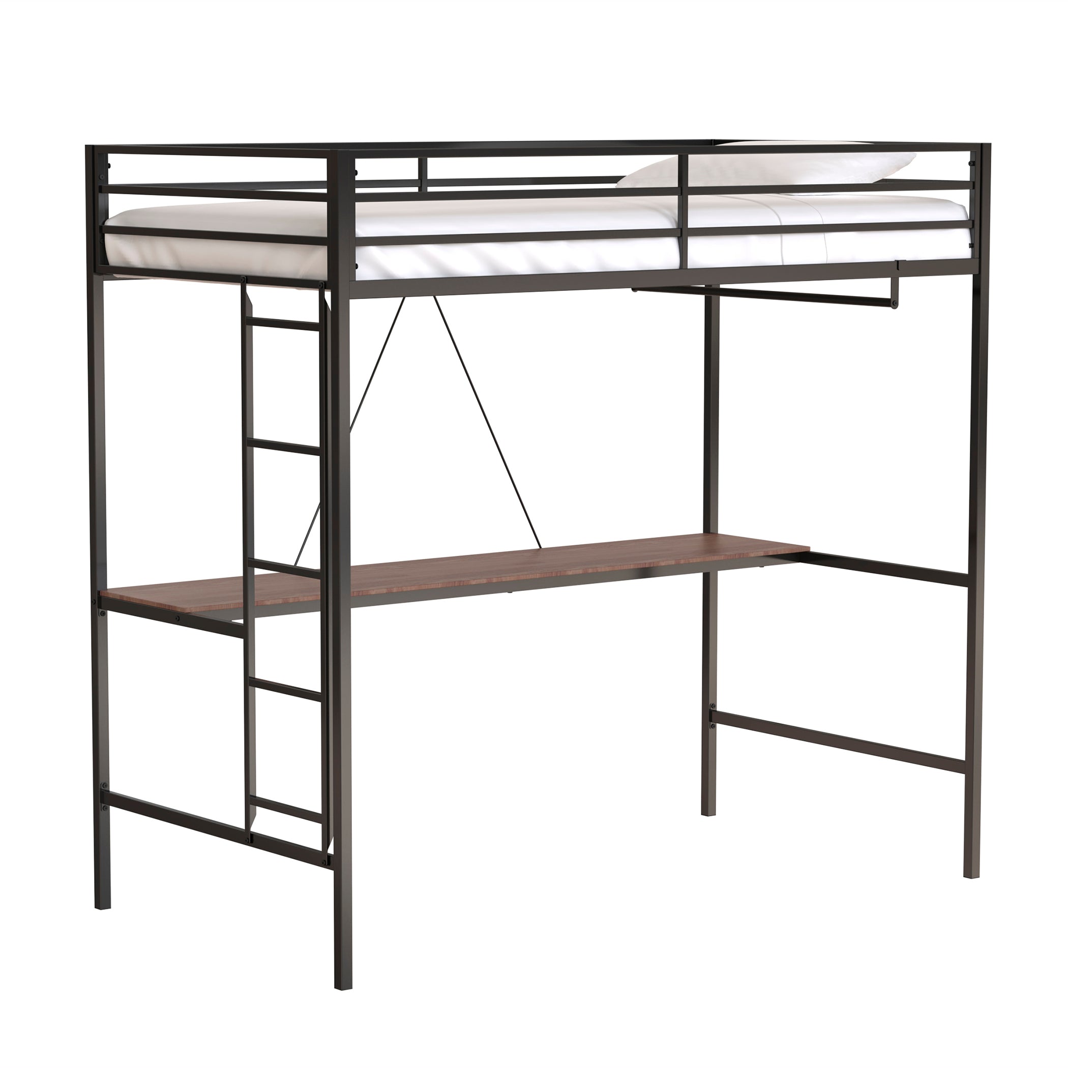 Adam Sturdy Twin Loft Bunk Black with Cinnamon Wood Desk and Closet Rod for Adult and Kids, and Easy Climbing with Sturdy Ladder, Space Saving