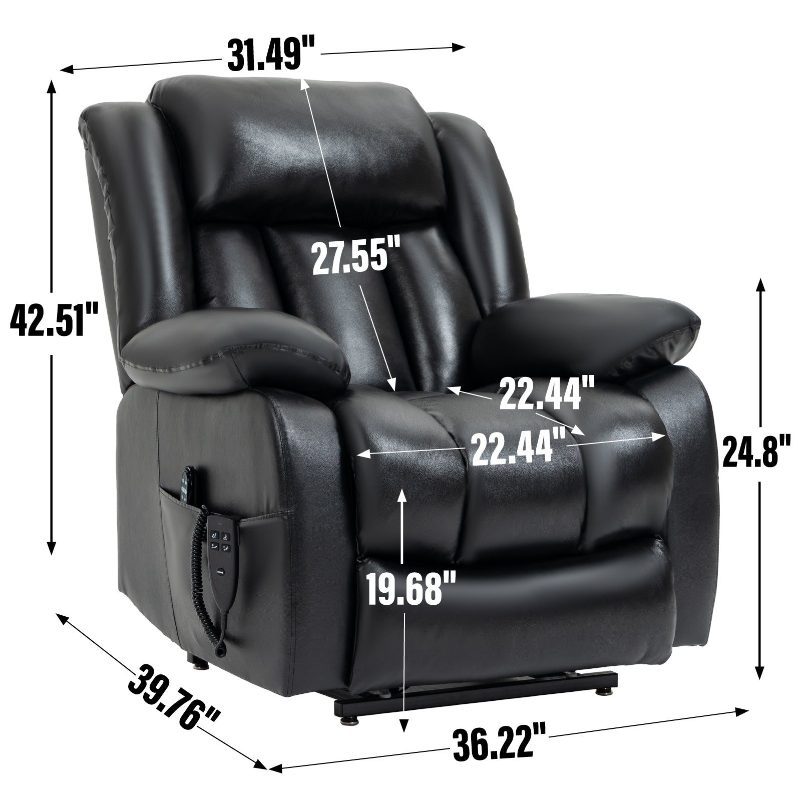 Dual Motor Infinite Position Up to 350 LBS Electric Medium size Genuine Leather Black Power Lift Recliner Chair with 8-Point Vibration Massage and Lumbar Heating