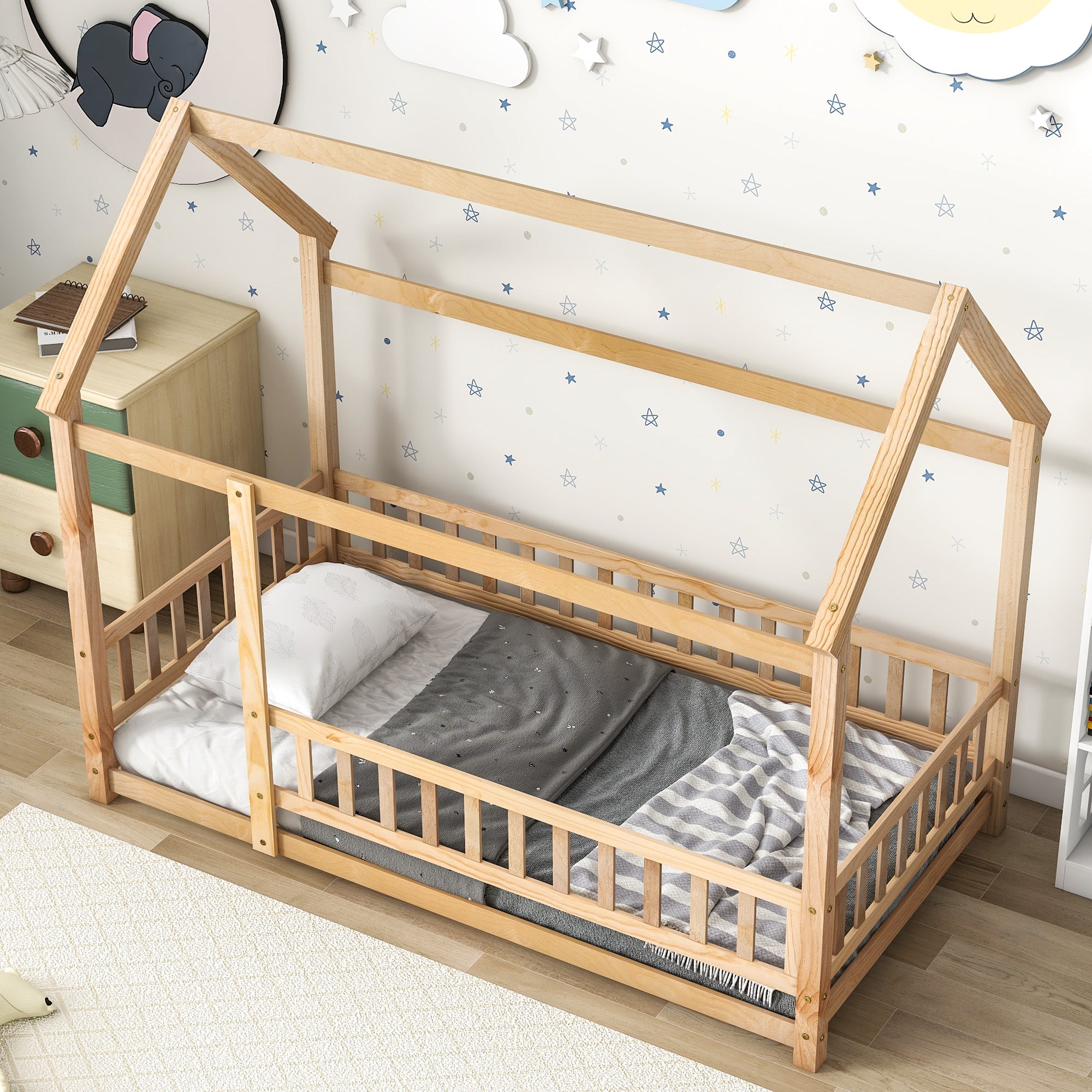 Twin Size Floor Wooden Bed with House Roof Frame, Fence Guardrails,(Old SKU:W504105240)