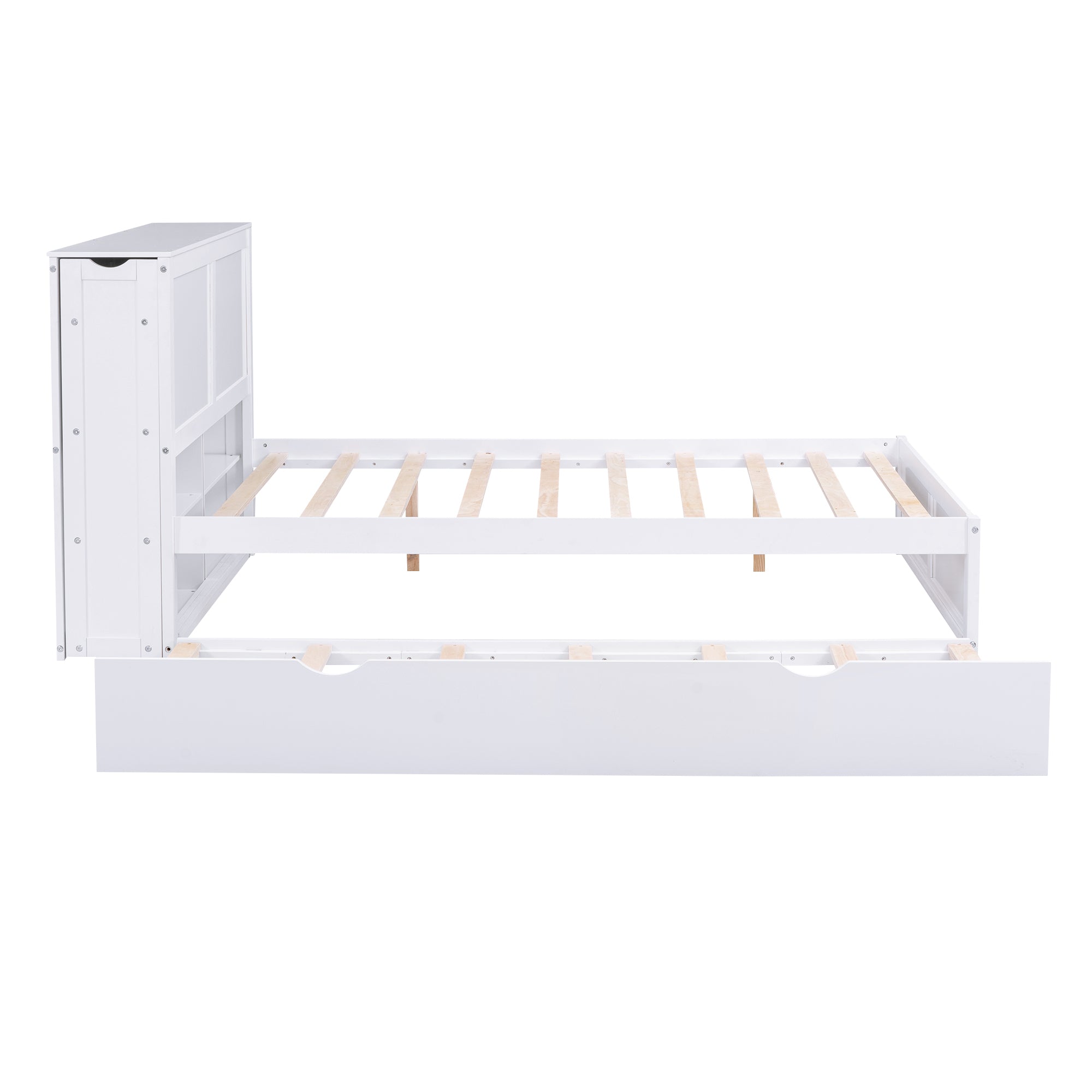 Full Size Storage Platform Bed with Pull Out Shelves and Twin Size Trundle, White