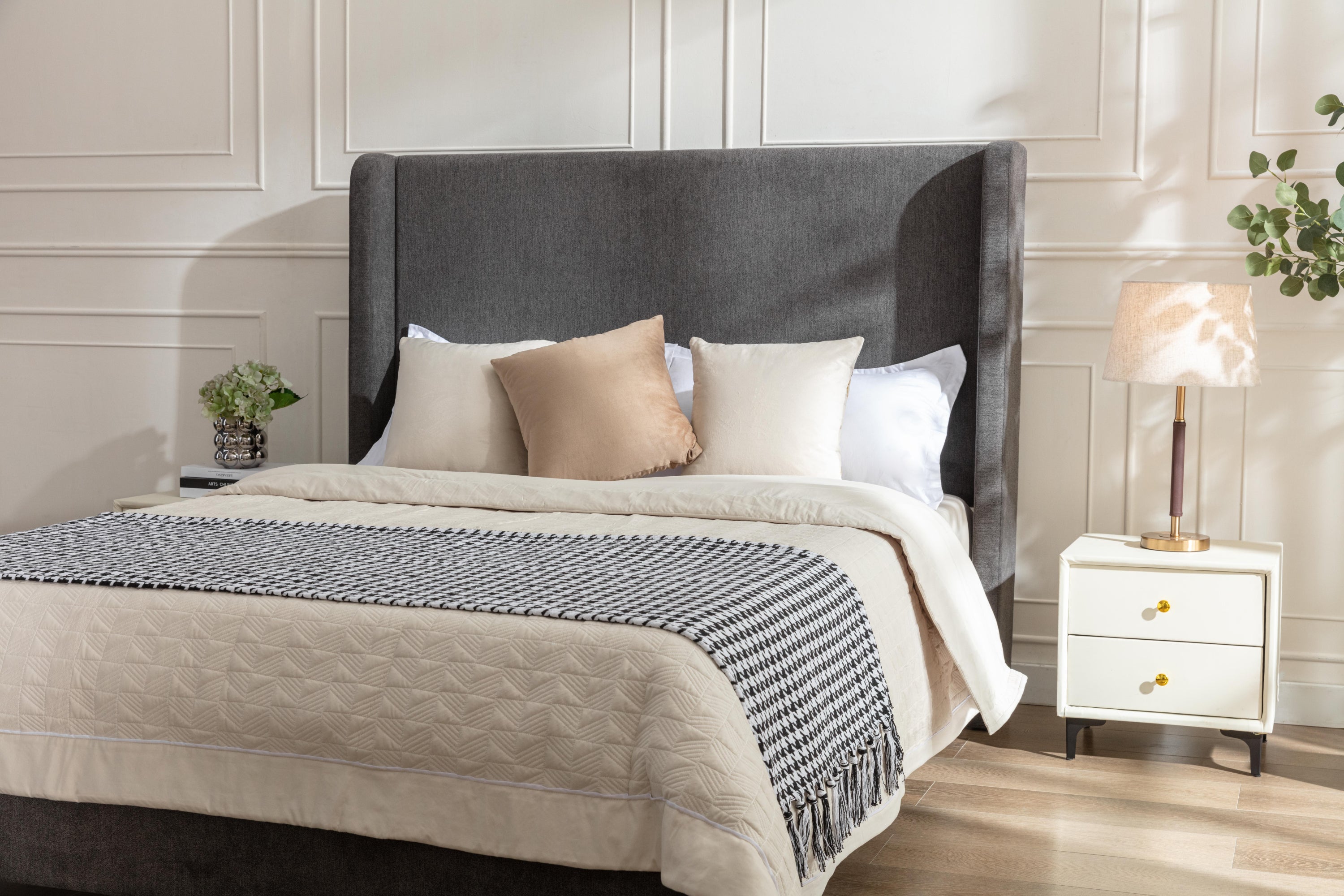 Same as B083P152031 Harper Tall Headboard Upholstered Bed / 54" High Headboard / Elegant Simplicity / No Box Spring Needed / Easy Assembly / Queen / Dark gray velvet