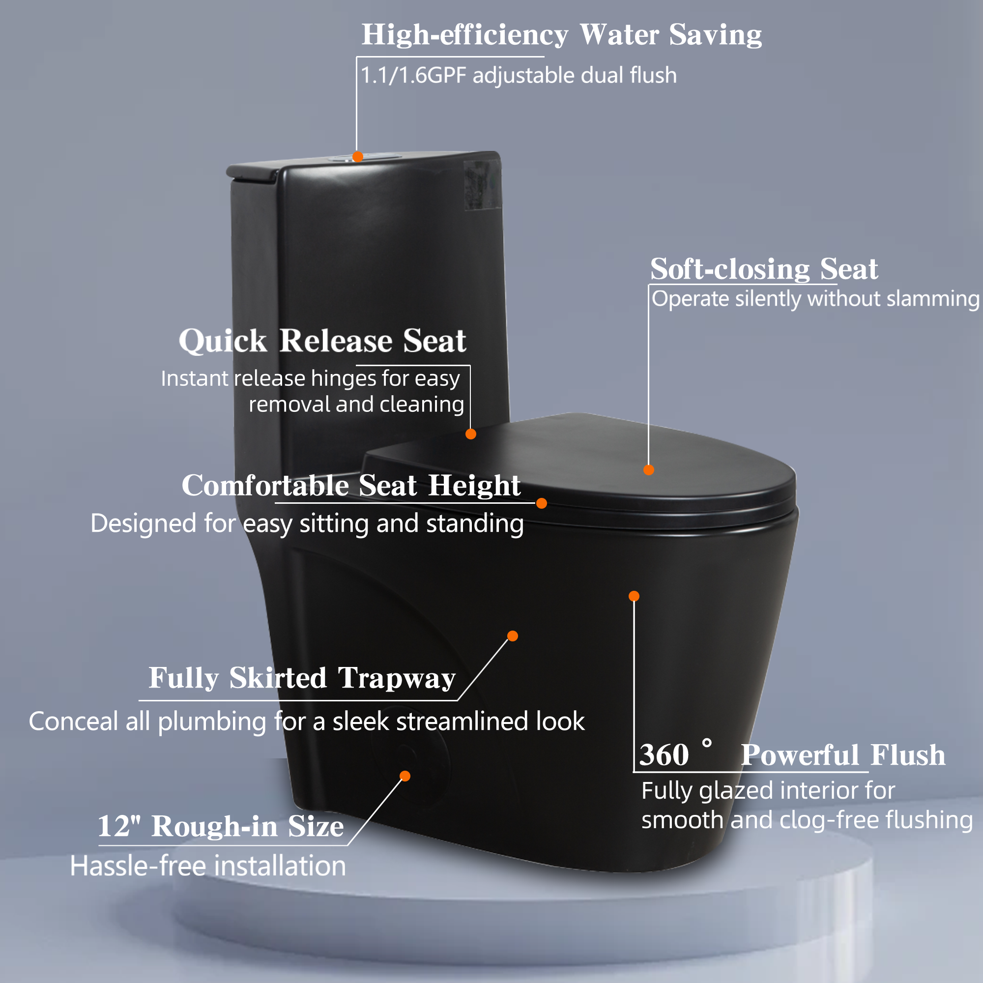 Dual-Flush One Piece Toilet 1.1/1.60 GPF, Water-Saving Elongated Comfort Height Floor Mounted, Soft Close Seat, 1000 Gram Map Flushing Score Toilet, Matte Black 24T01-MB