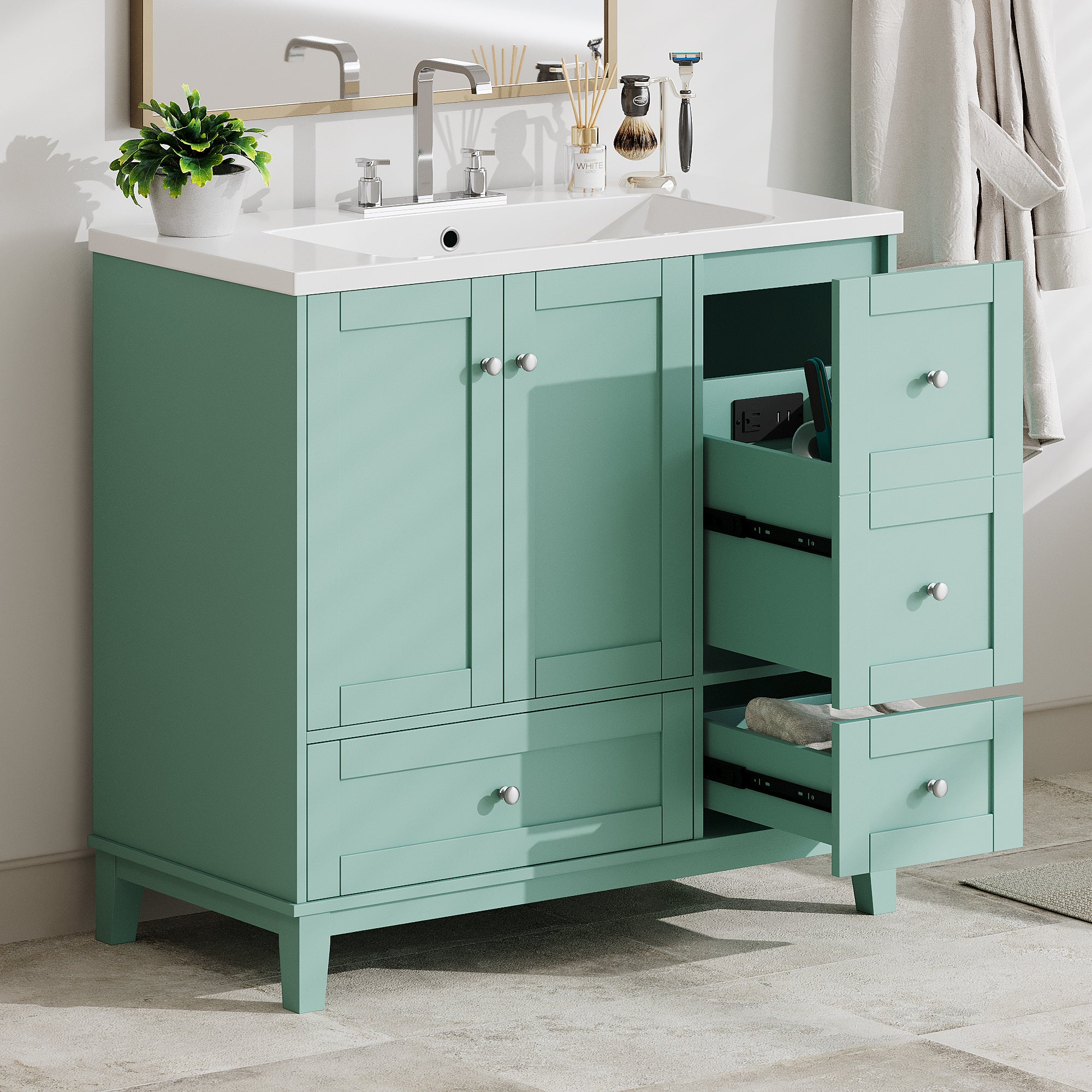 36 Inch Modern Bathroom Vanity with USB Charging, Two Doors and Three Drawers Bathroom Storage Vanity Cabinet, Small Bathroom Vanity cabinet with single sink , Green - Faucets Not Included