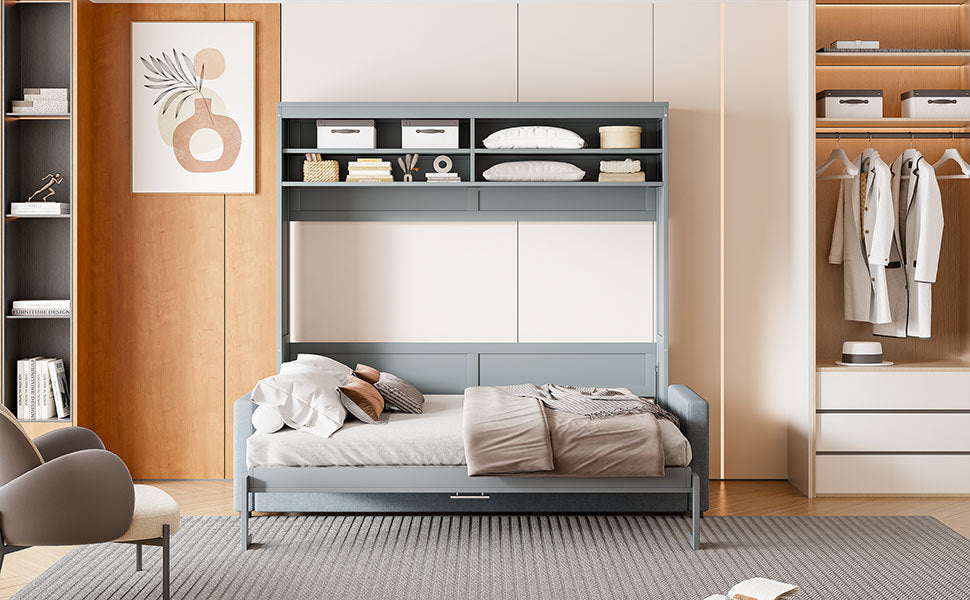 Queen Size Murphy Bed Wall Bed with Sofa,Gray