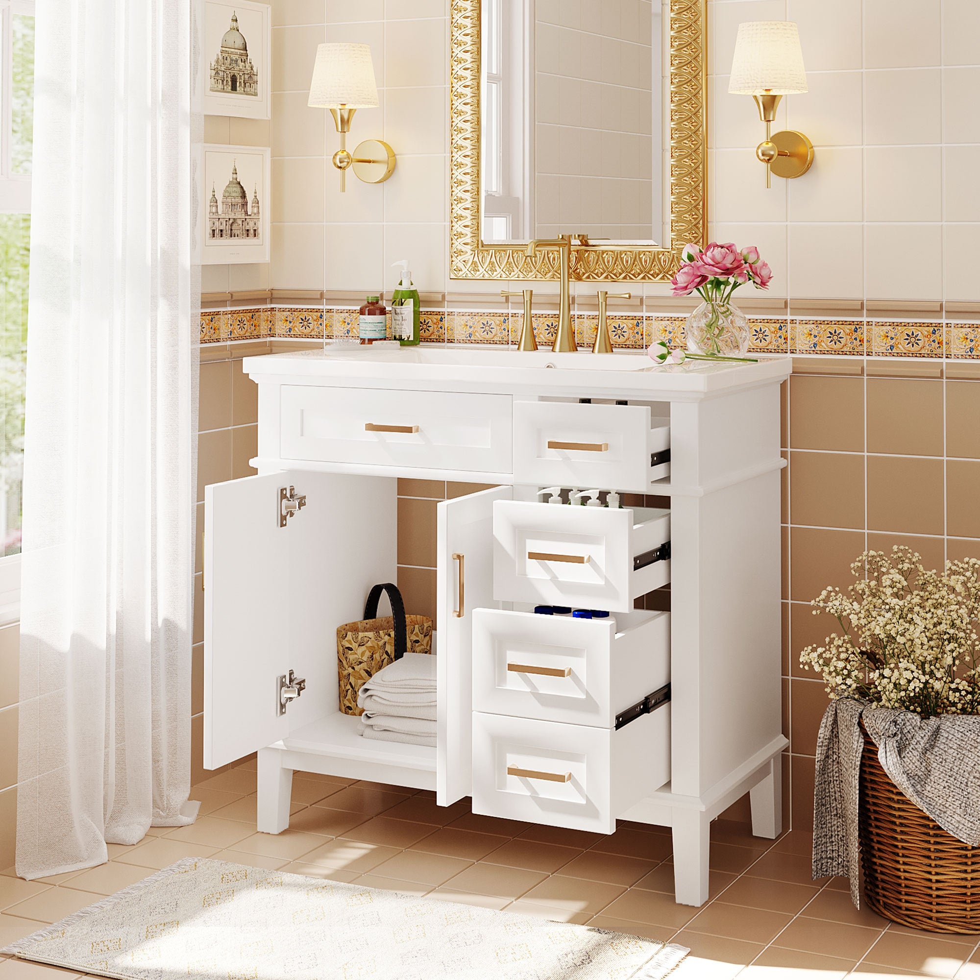 36-inch Bathroom Vanity with Resin Sink, Modern Bathroom Cabinet in White,Featuring Two Soft Close Doors and Four Drawers