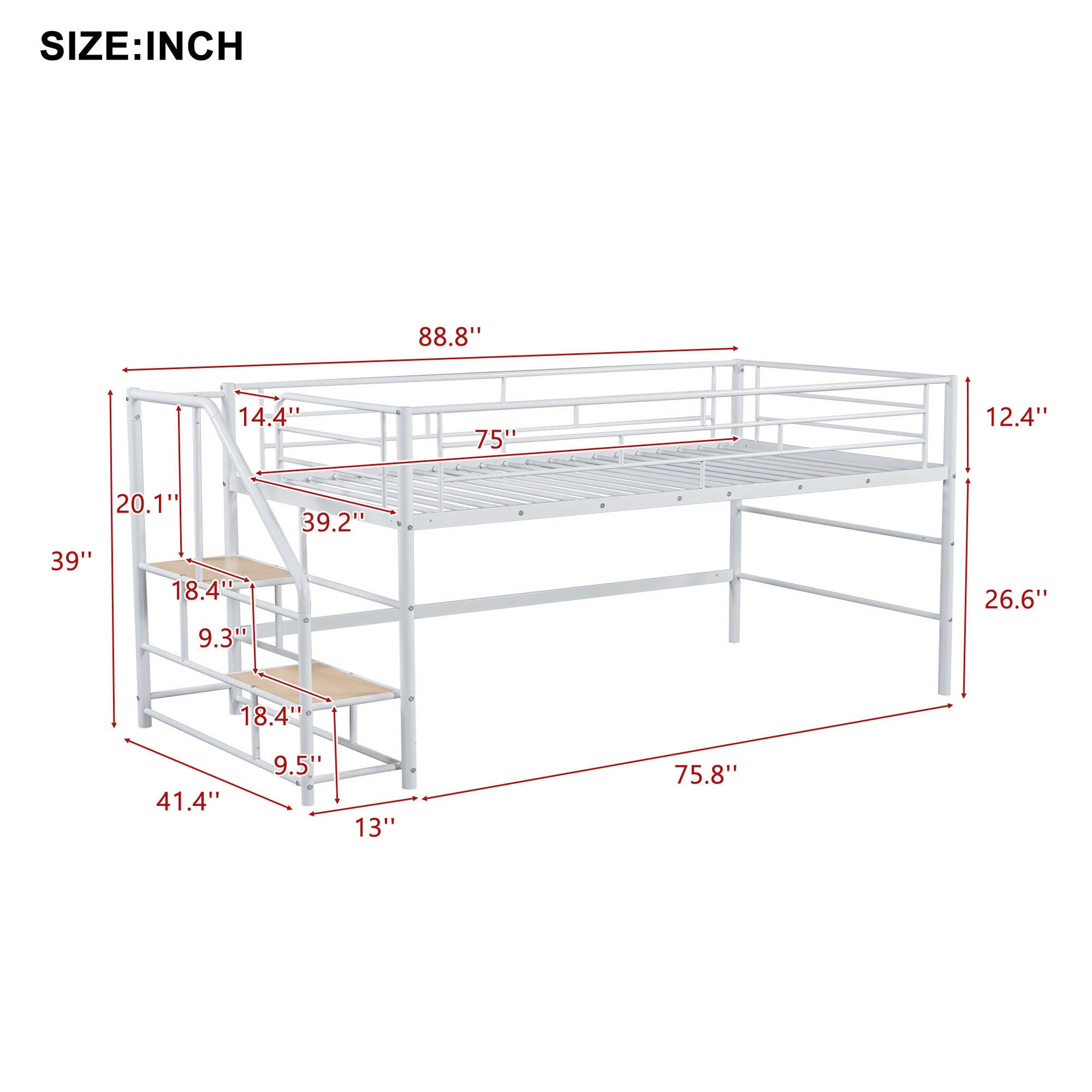 Mid Loft Bed with Storage stairs, Twin, White