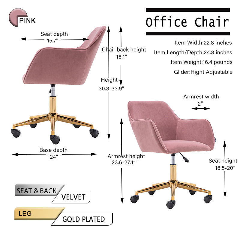 Modern Velvet Fabric Material Adjustable Height 360 revolving Home Office Chair with Gold Metal Legs and Universal Wheels for Indoor,Pink