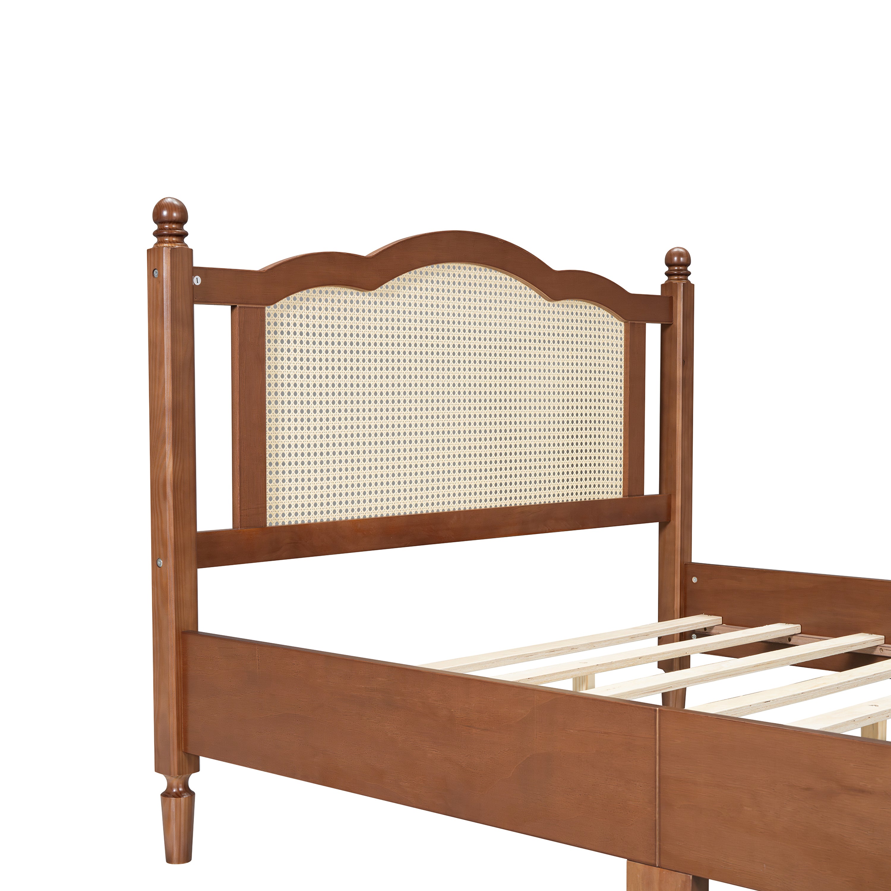 Full Size Wooden Platform Bed with Natural Rattan Headboard, Vintage Bed Frame with Wooden Slat Support, Walnut