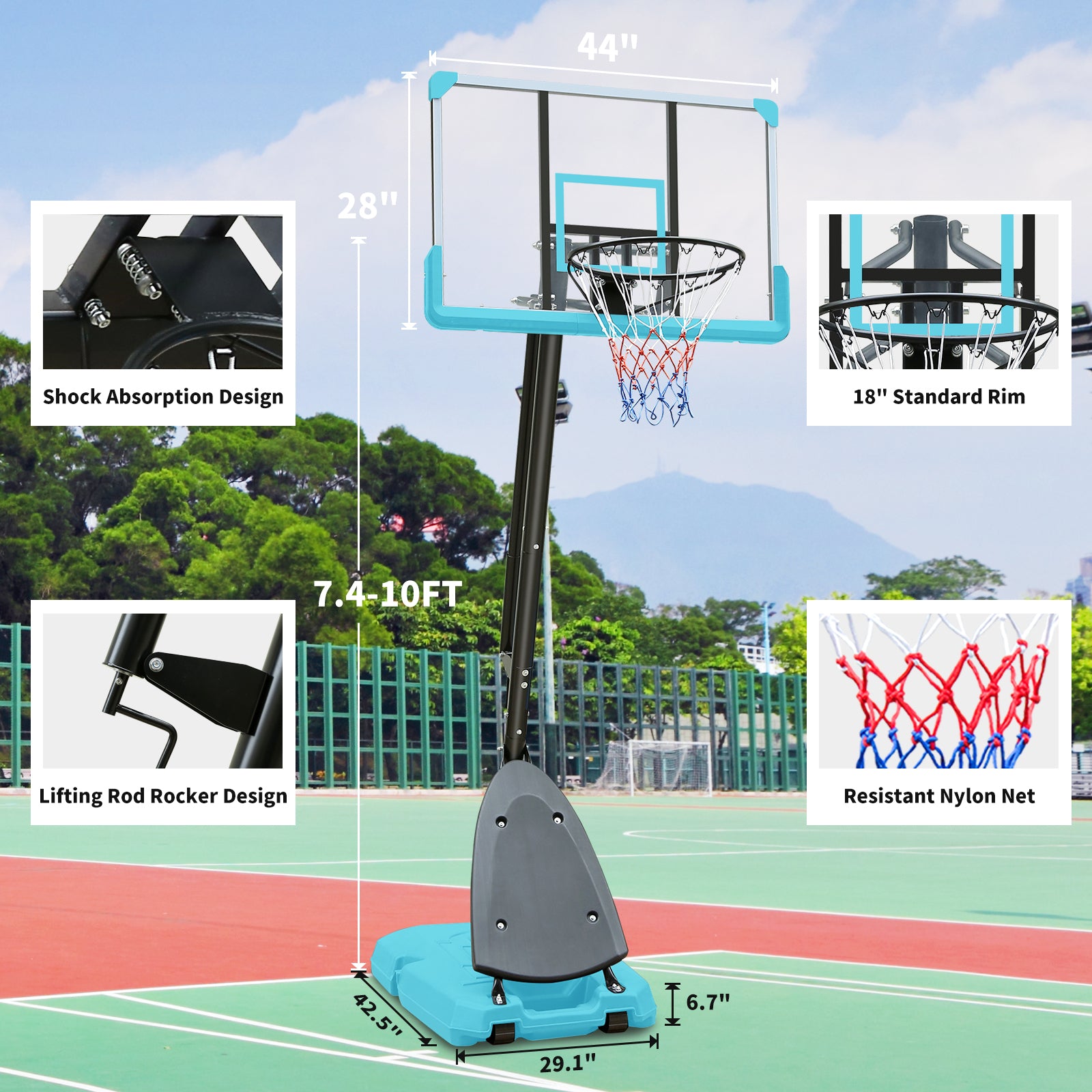 Height Adjustable Basketball Hoop, 7.5 to 10ft Adjustable Basketball Stand with 44 Inch Backboard, Portable Basketball Goal System with Stable Base and Wheels Blue