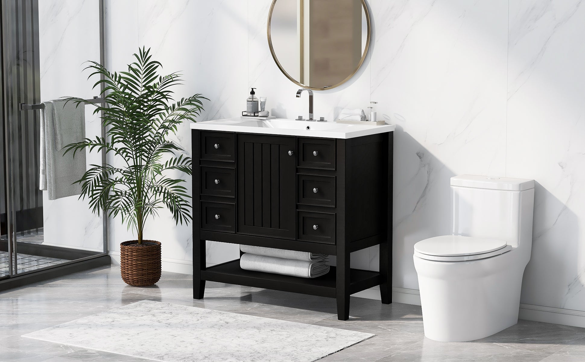 36" Bathroom Vanity with Sink Combo, One Cabinet and Three Drawers, Solid Wood and MDF Board, Black (Old Sku:SY999505AAB)