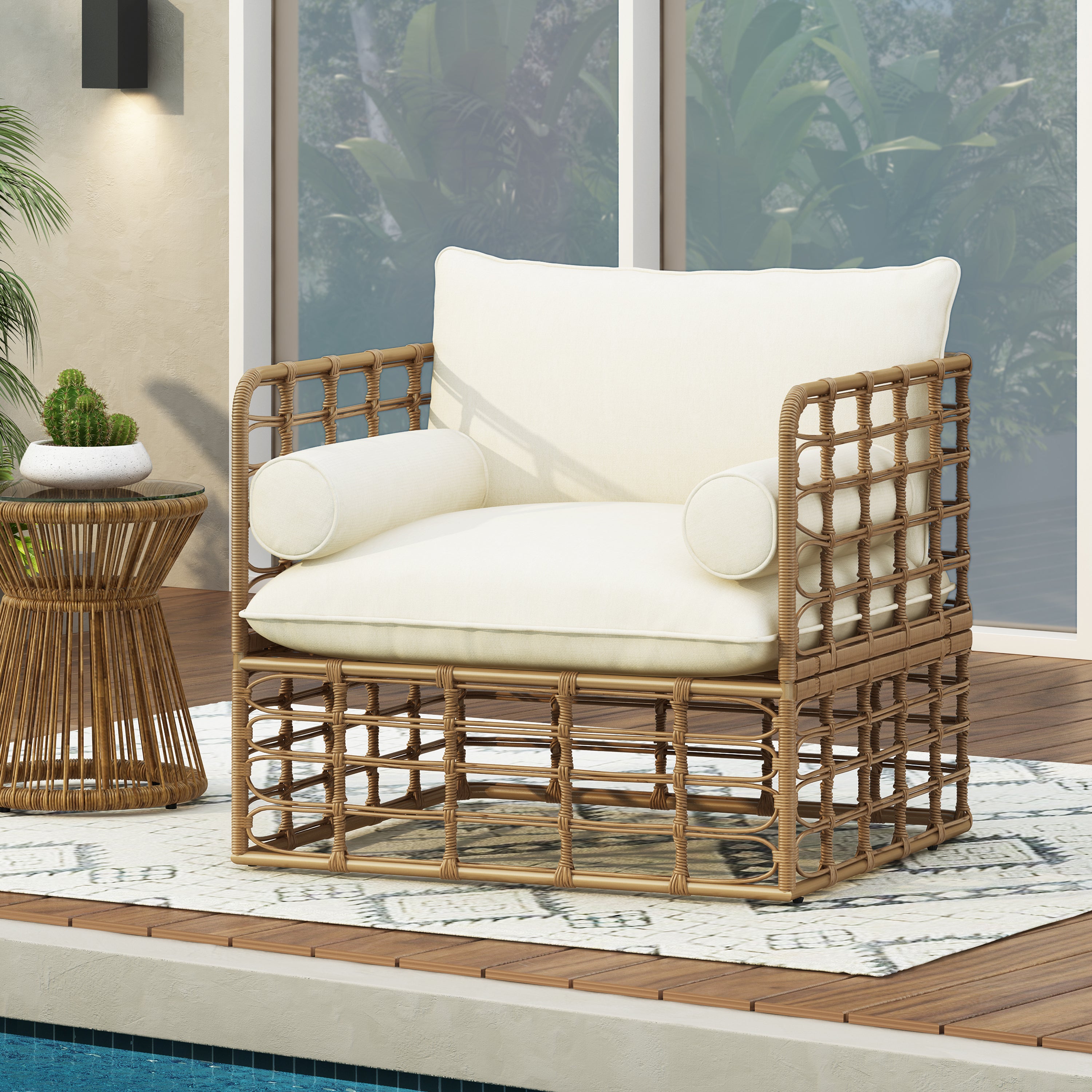 [Set of 2] 32.5" Rattan Accent Chair with Cushions, Open Weave Boho Design for Stylish Seating, Perfect for Living Room, Sunroom, or Patio Relaxation