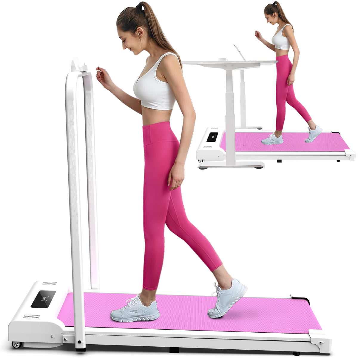 Under Desk Treadmill, Walking Pad, 2 in 1 Portable Treadmill with Handle Remote Control LED Display, Walking Jogging Machine for Home Office Use(265 lbs)-Pink