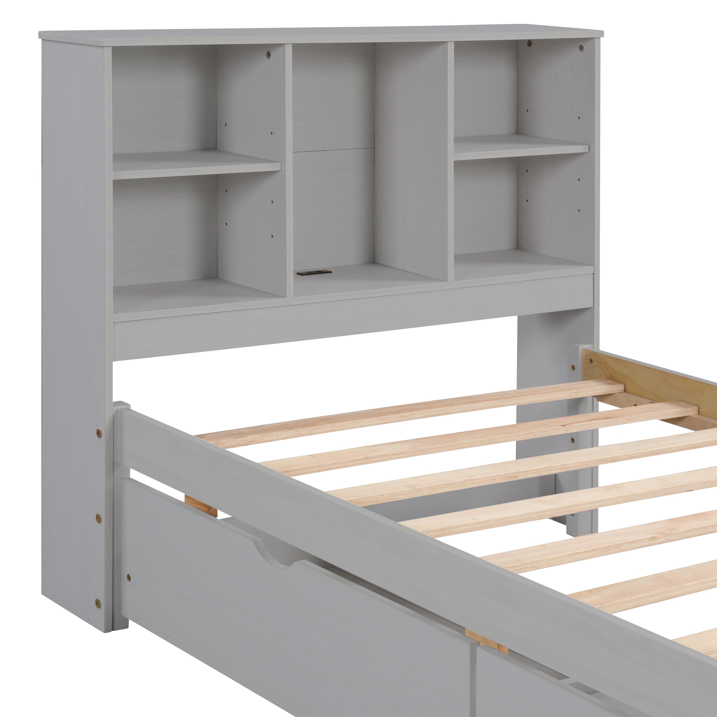 Modern Twin Size Bed Frame With Built-in USB Port on Bookcase Headboard and 2 Drawers for Grey Color