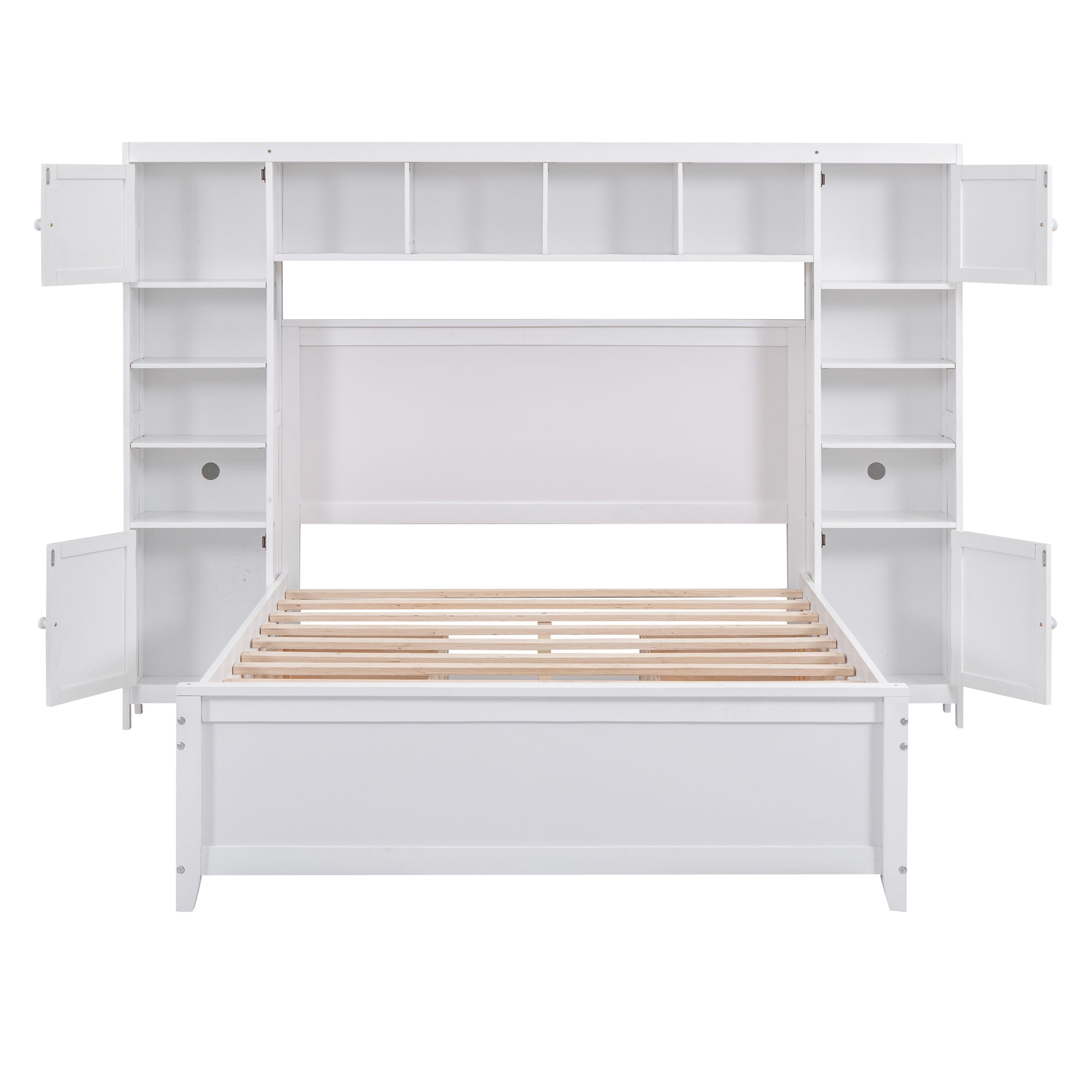 Full Size Wooden Bed With All-in-One Cabinet and Shelf, White