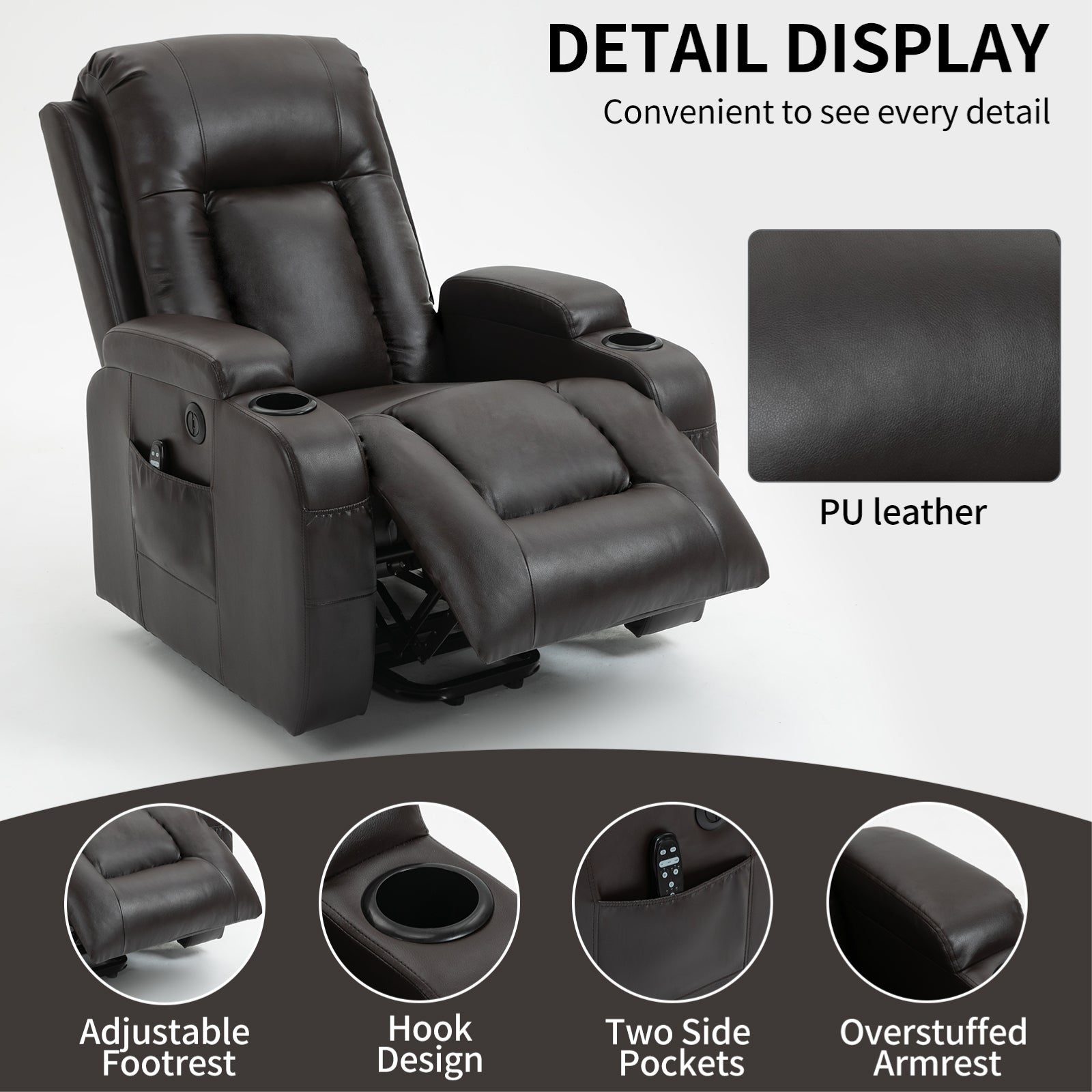 Infinite Position Up to 350 LBS Power Lift Recliner Chair for Elderly, Heavy Duty Motion Mechanism with 8-Point Vibration Massage and Lumbar Heating, USB Charging Port, Cup Holders, Brown