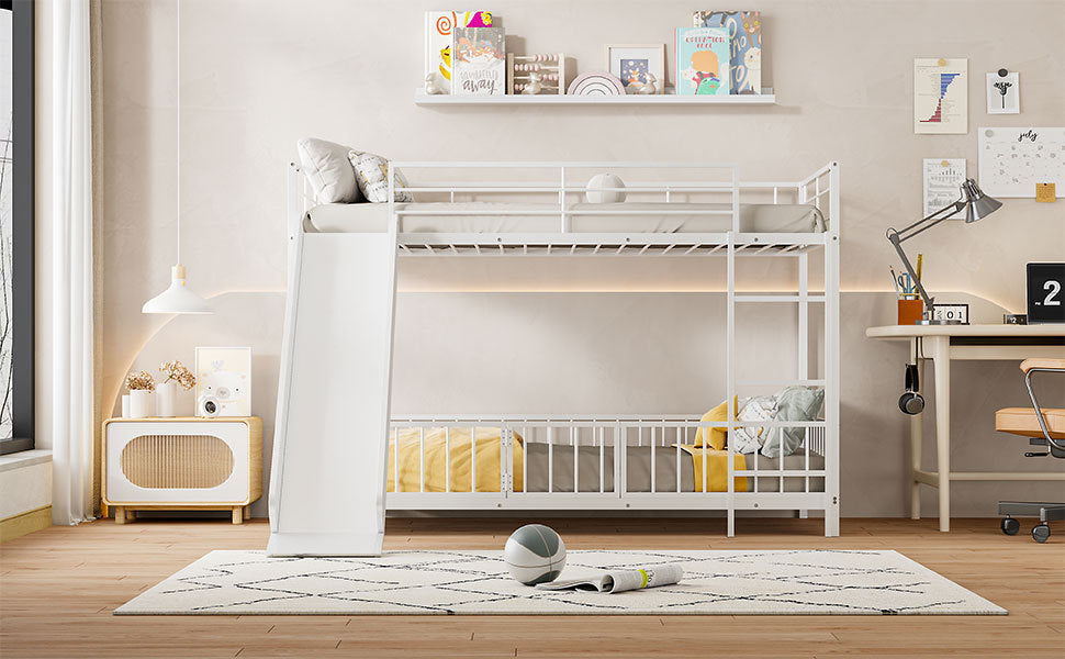 Twin over Twin Size Metal Bunk Bed with Slide and Guardrails, White