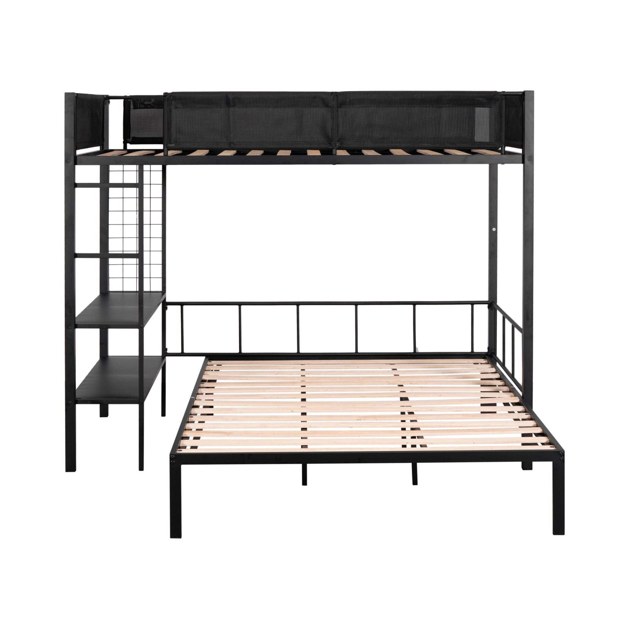 Metal Twin over Full Bunk with Shelves & Grid Panel/ Sturdy Metal Bed Frame/ Noise-free Wood Slats/ Comfortable Textilene Guardrail/ Built-in 2-tier Shelves & Grid Panel/ Separated Full size Bed