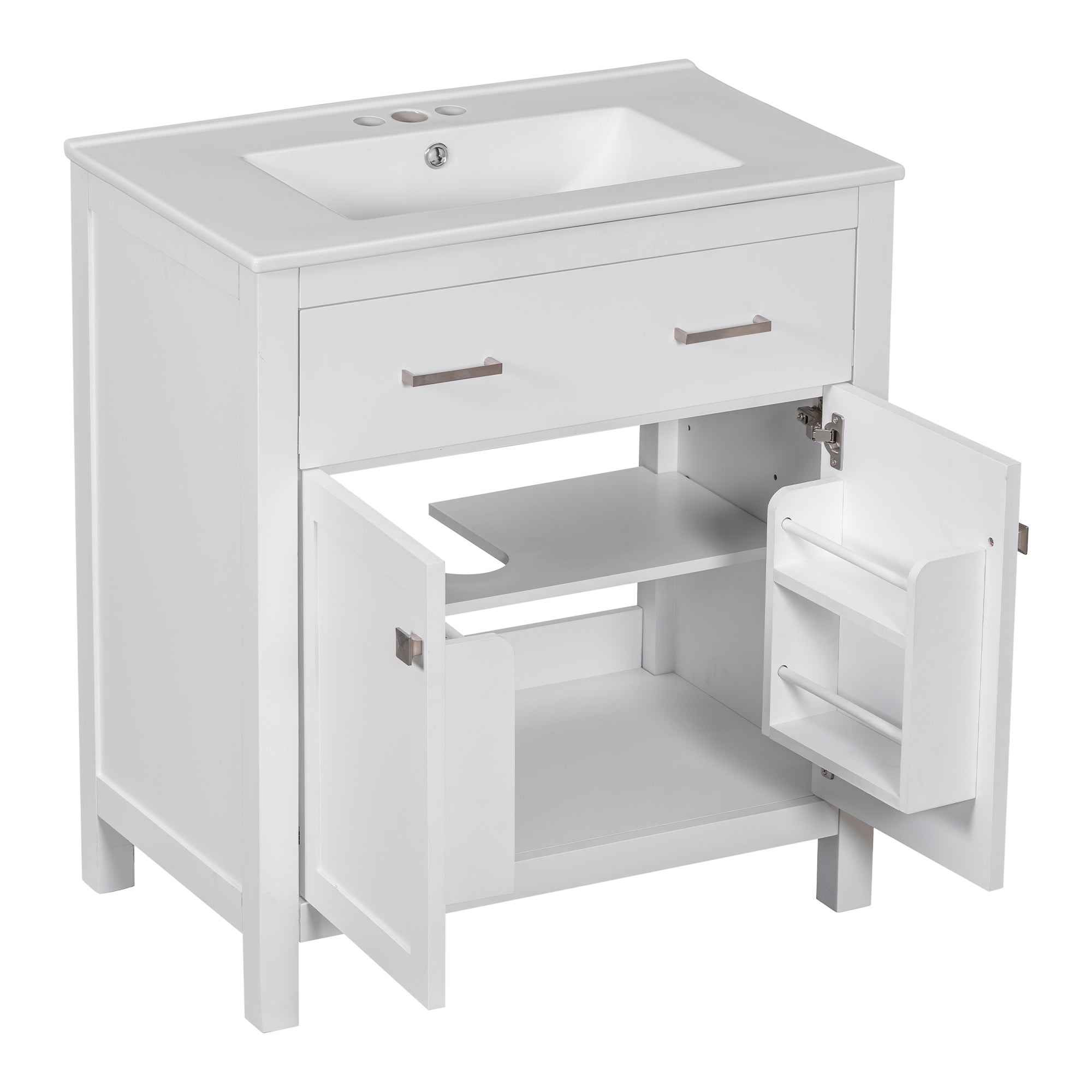 30-inch Bathroom Vanity with Ceramic Sink, Modern White Single Bathroom Cabinet with 2 Doors and a Shelf, Soft Close Doors