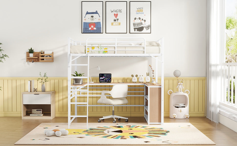 Full Size Metal Loft Bed with 3 Layers of Shelves and L-shaped Desk, White