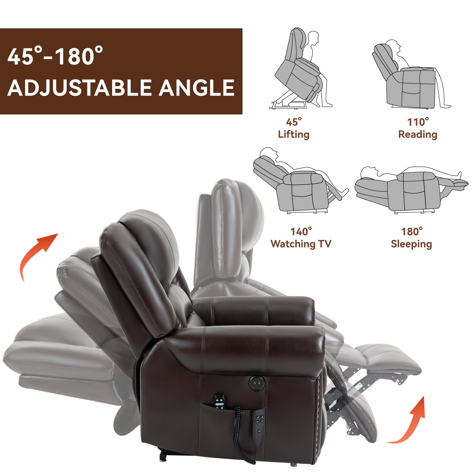 Power Lift Recliner Chair Heat Massage Dual Motor Infinite Position Up to 350 LBS, Faux Leather, Heavy Duty Motion Mechanism with USB Ports, Brown