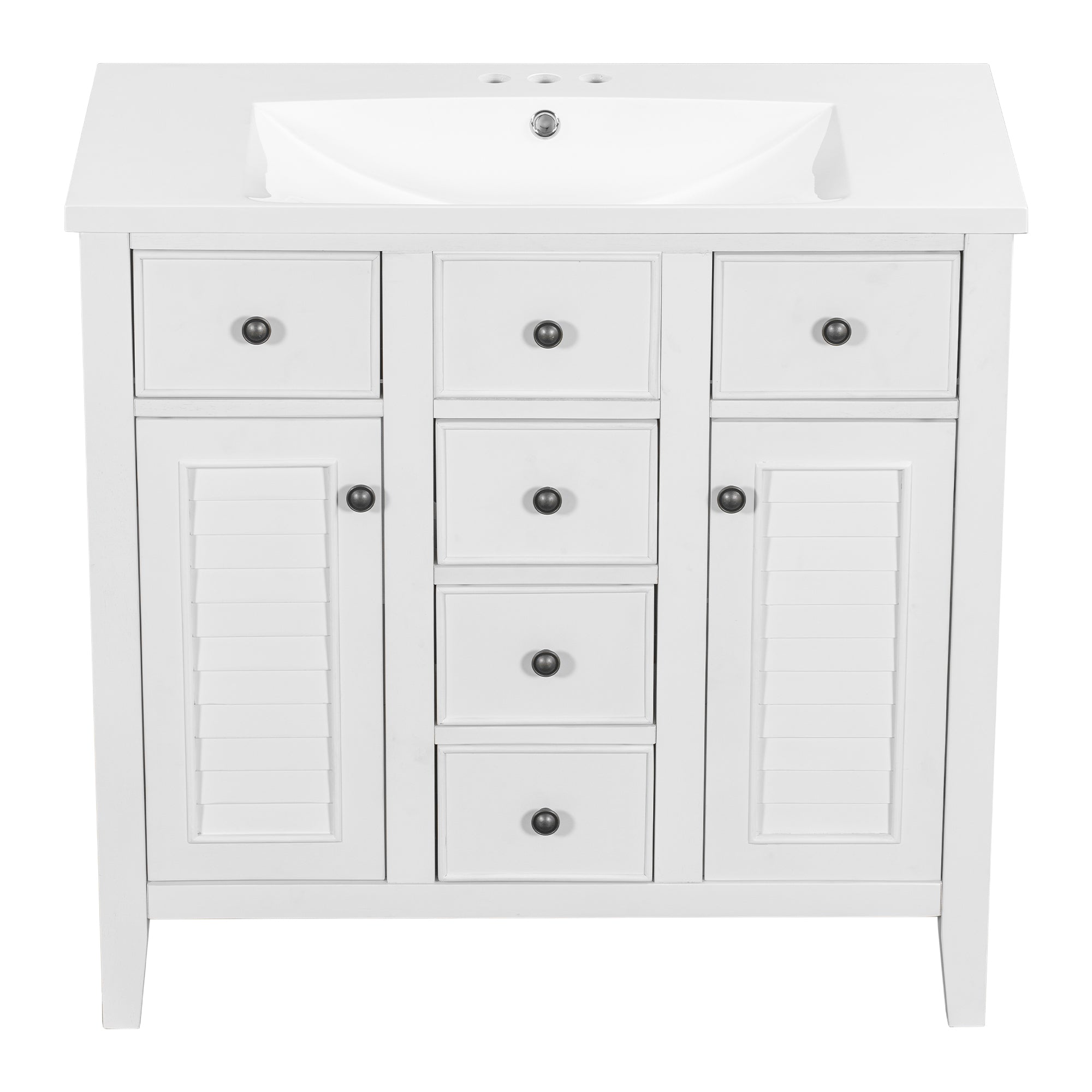 36" Bathroom Vanity with Ceramic Basin, Two Cabinets and Five Drawers, Solid Wood Frame, White (OLD SKU: SY999202AAK-1)