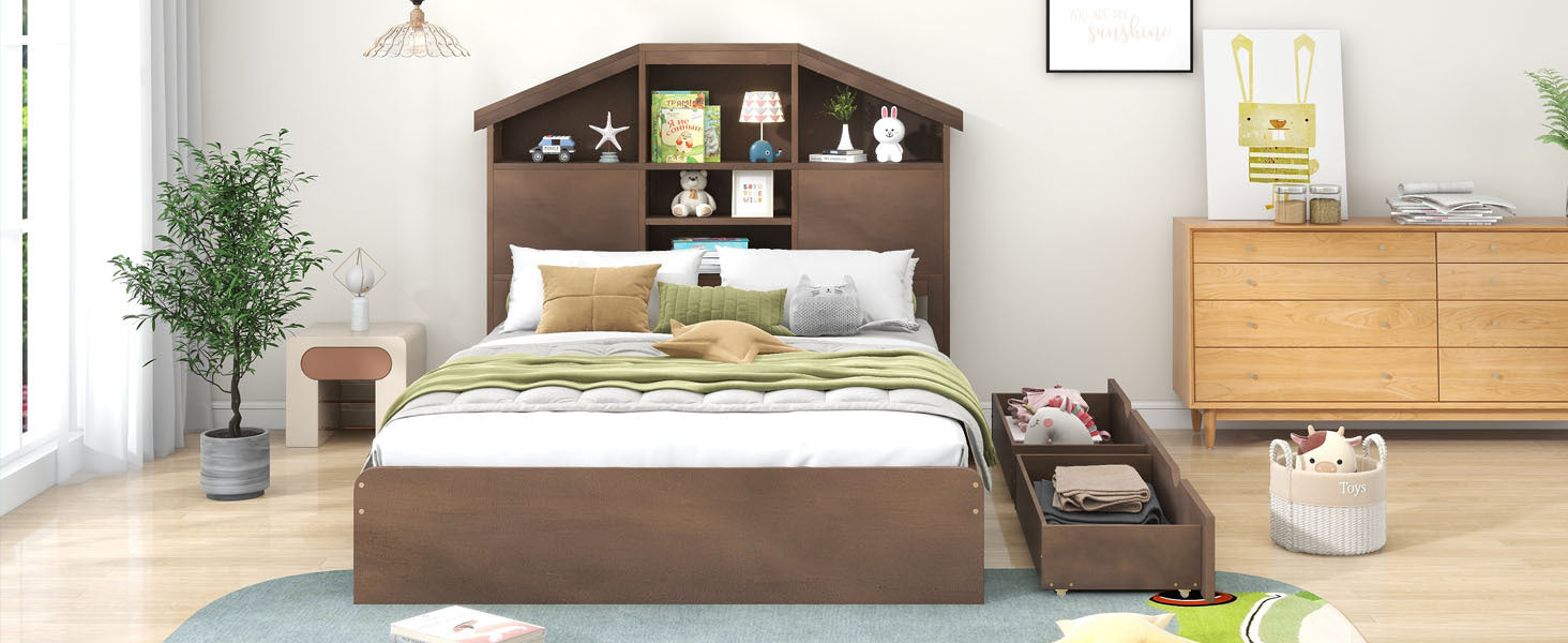 Full Size Wood Platform Bed with House-shaped Storage Headboard and 2 Drawers, Walnut