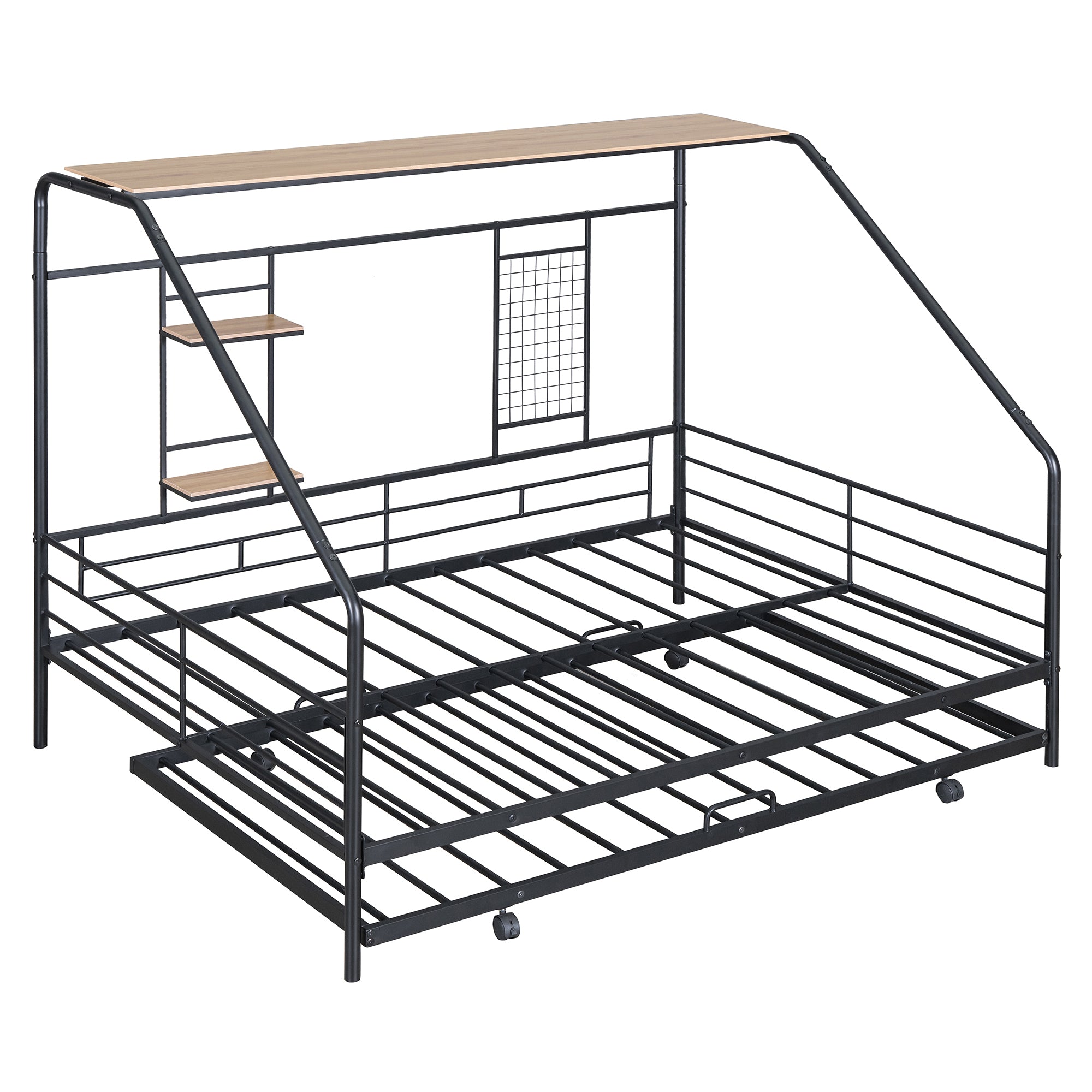 Full Size Metal House Bed with Trundle, Black