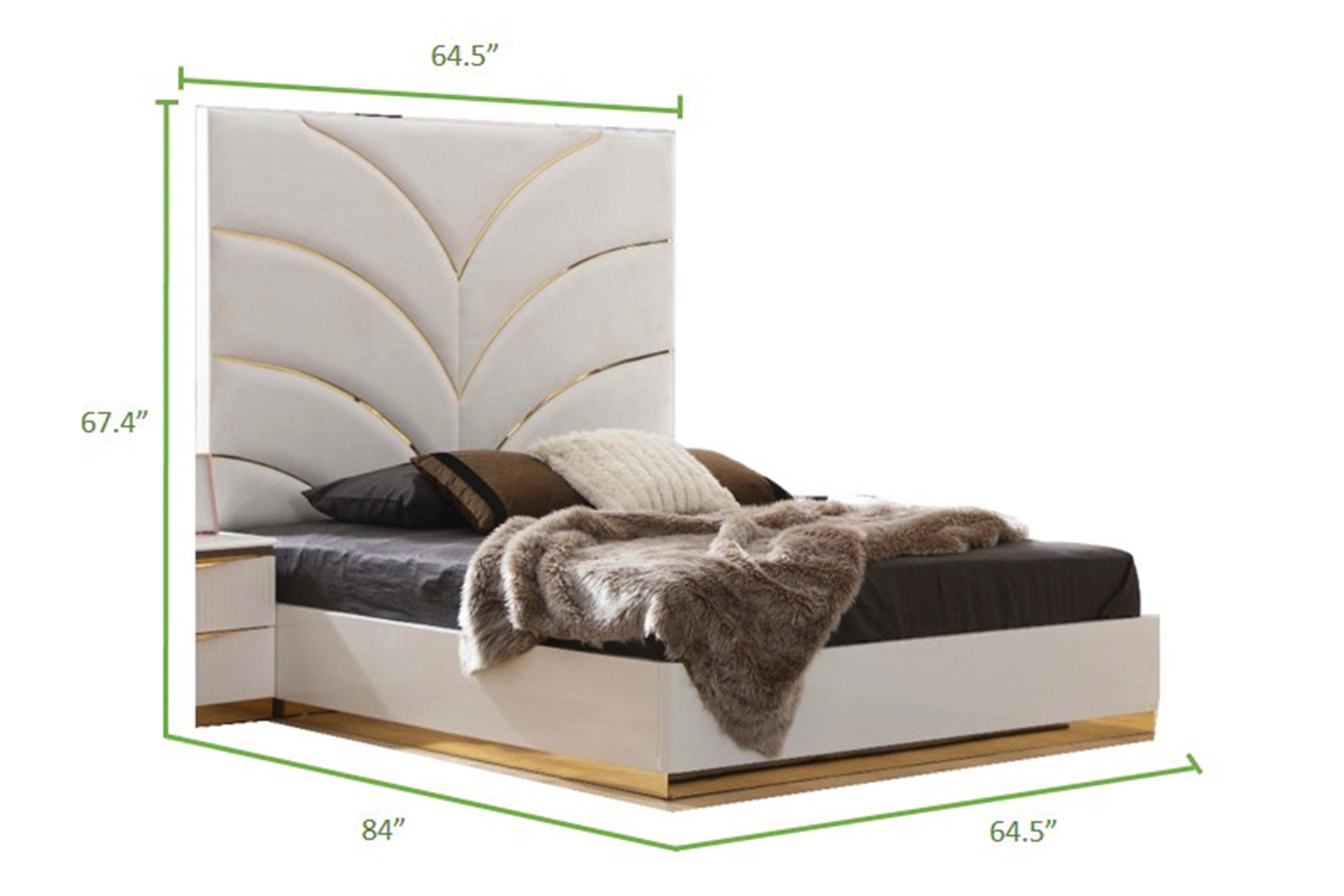 Gold Detailed Queen Size Upholstery Bed made with Wood in White