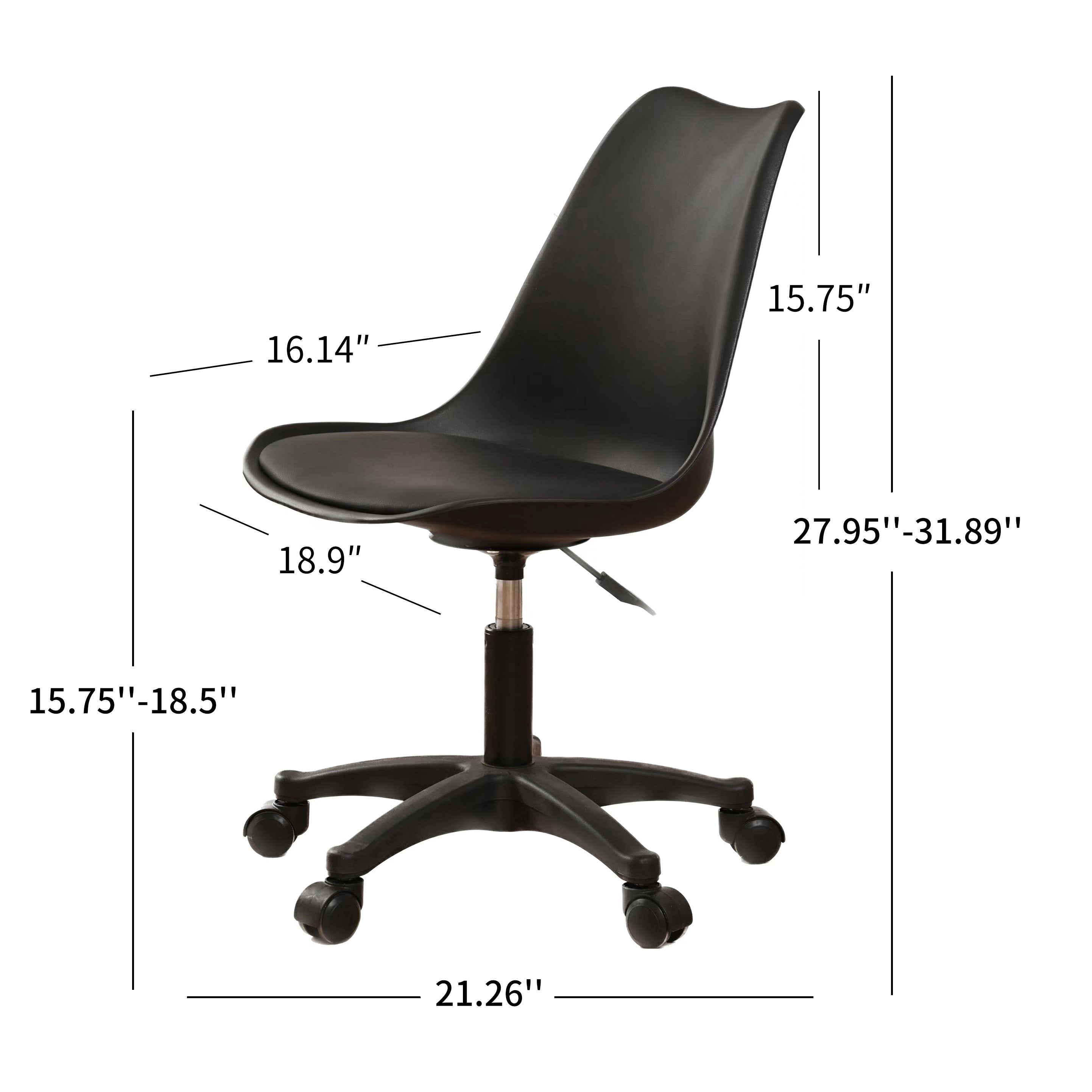 Black PP with Wheels Adjustable Height Office Chair for Study,Modern Armless Swivel Plastic Chair for Living Room