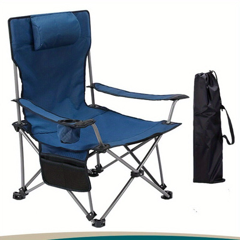 Oversized Camping Chair Outdoor Heavy Duty Folding Chair w/ Cup Holder & Pillow