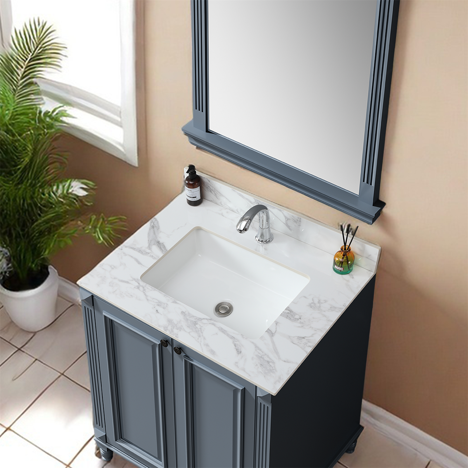 31"x22"Bathroom Vanity Top,sintered stone carra white  Barthroom Vanity Sink Tops with Rectangular Undermount Ceramic Sink with Vanity Backsplash, Single Faucet Hole Bathroom Vanity Countertop