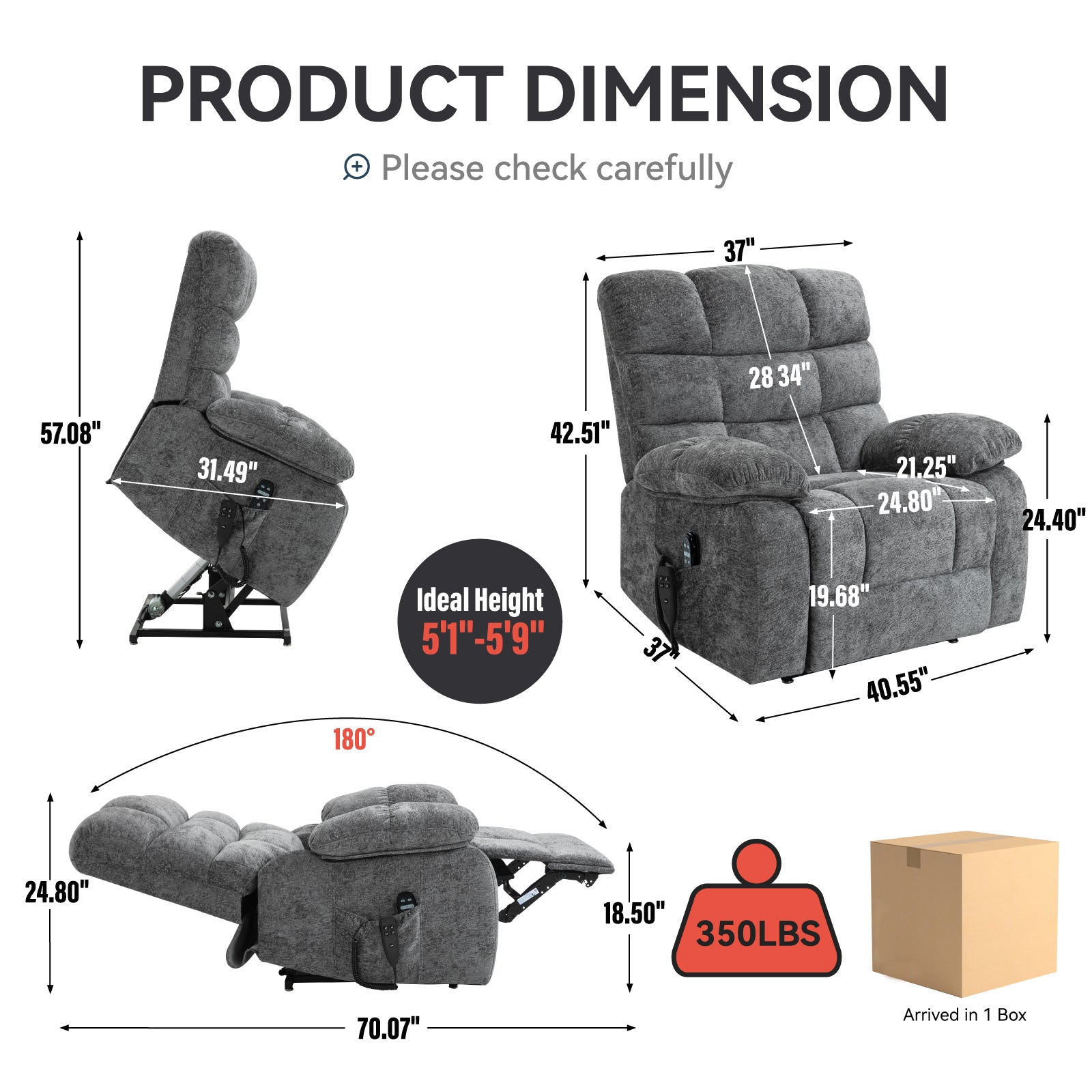 Lift Recliner Chair Heat Massage Dual Motor Infinite Position Up to 350 LBS Large Electric Power Lift Recliners with Power-Remote, Medium-firm and Heavy duty, Grey