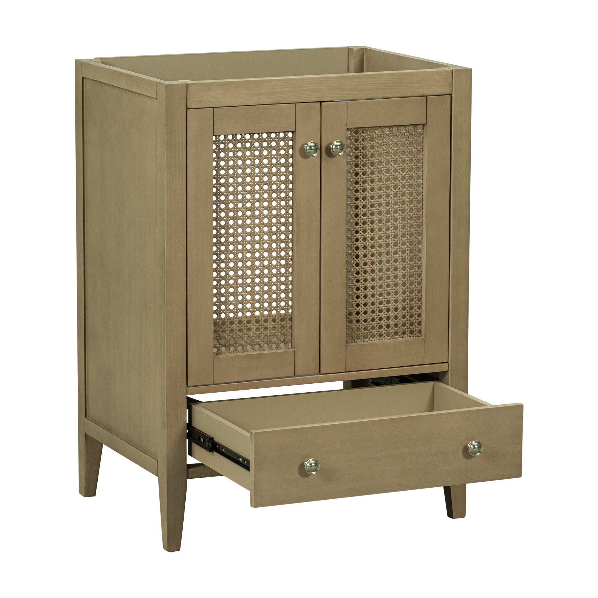 24" Bathroom Vanity without Sink, Base Only, Rattan Cabinet with Doors and Drawer, Solid Frame and MDF Board, Natural