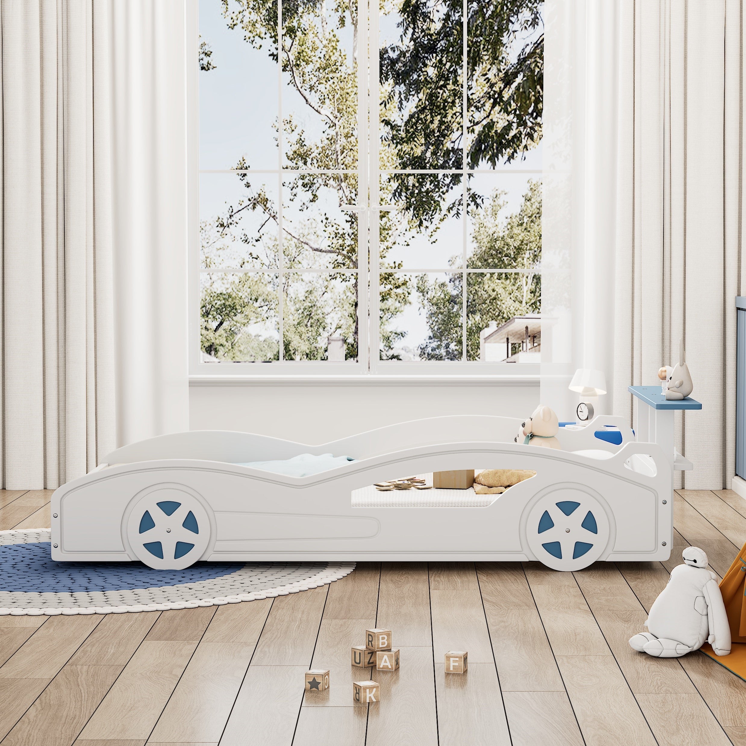 Wooden Race Car Bed,Car-Shaped Platform Twin Bed with Wheels For Teens,White & Blue