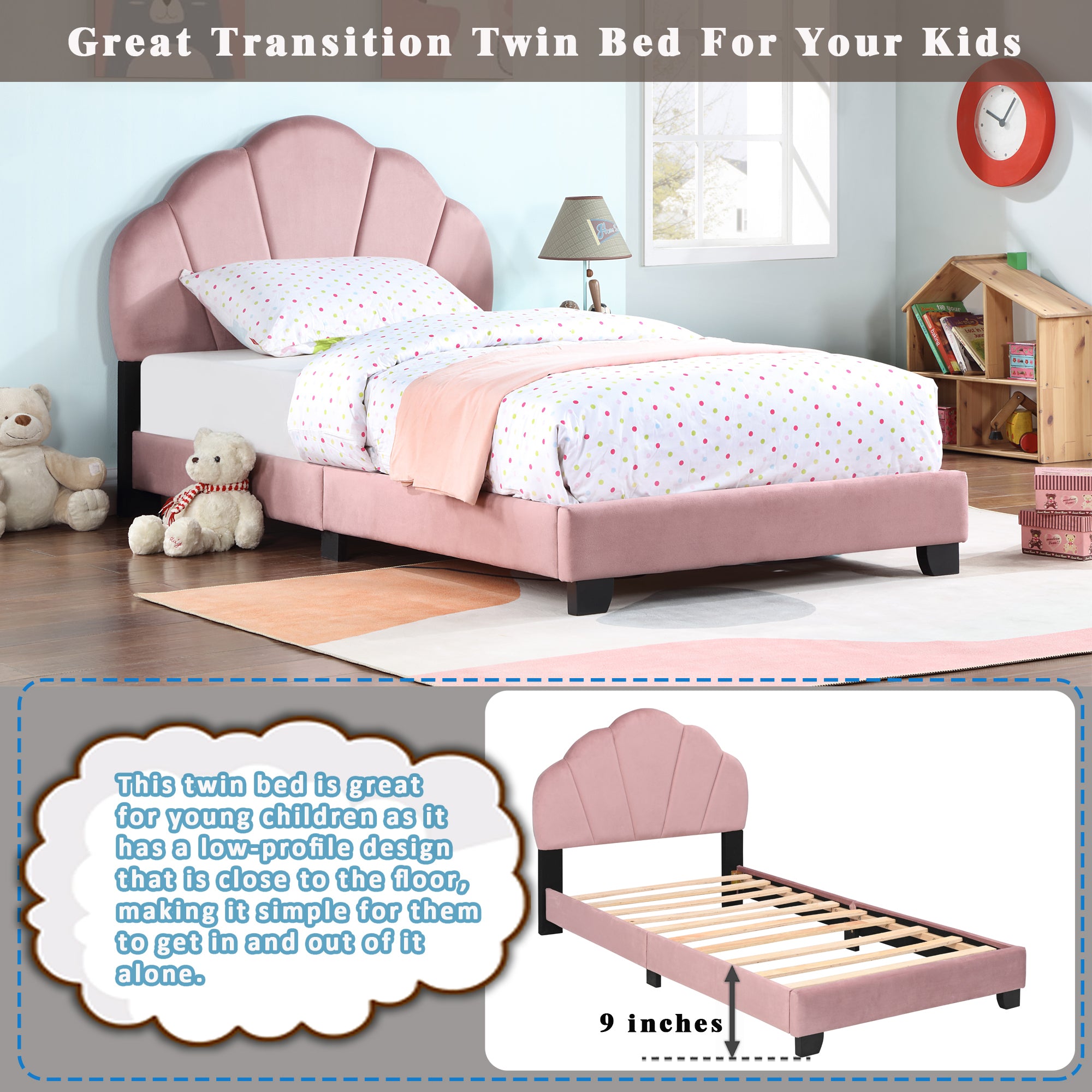 Upholstered Twin Size Platform Bed for Kids, Wooden Bed Frame with Slatted Bed Base, No Box Spring Needed, Cute Bed Frame with Shell Design Headboard for Girls Boys Teens, Pink