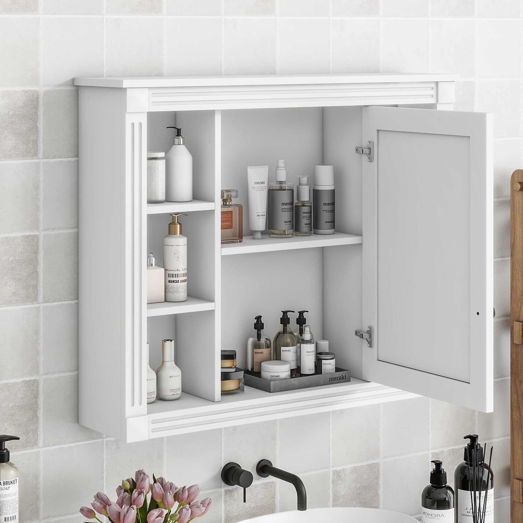 35'' x 28'' Wall Mounted Bathroom Storage Cabinet, Medicine Cabinet, Modern Bathroom Wall Cabinet with Mirror, Mirror Cabinet with 6 Open Shelves (Not Include Bathroom Vanity )