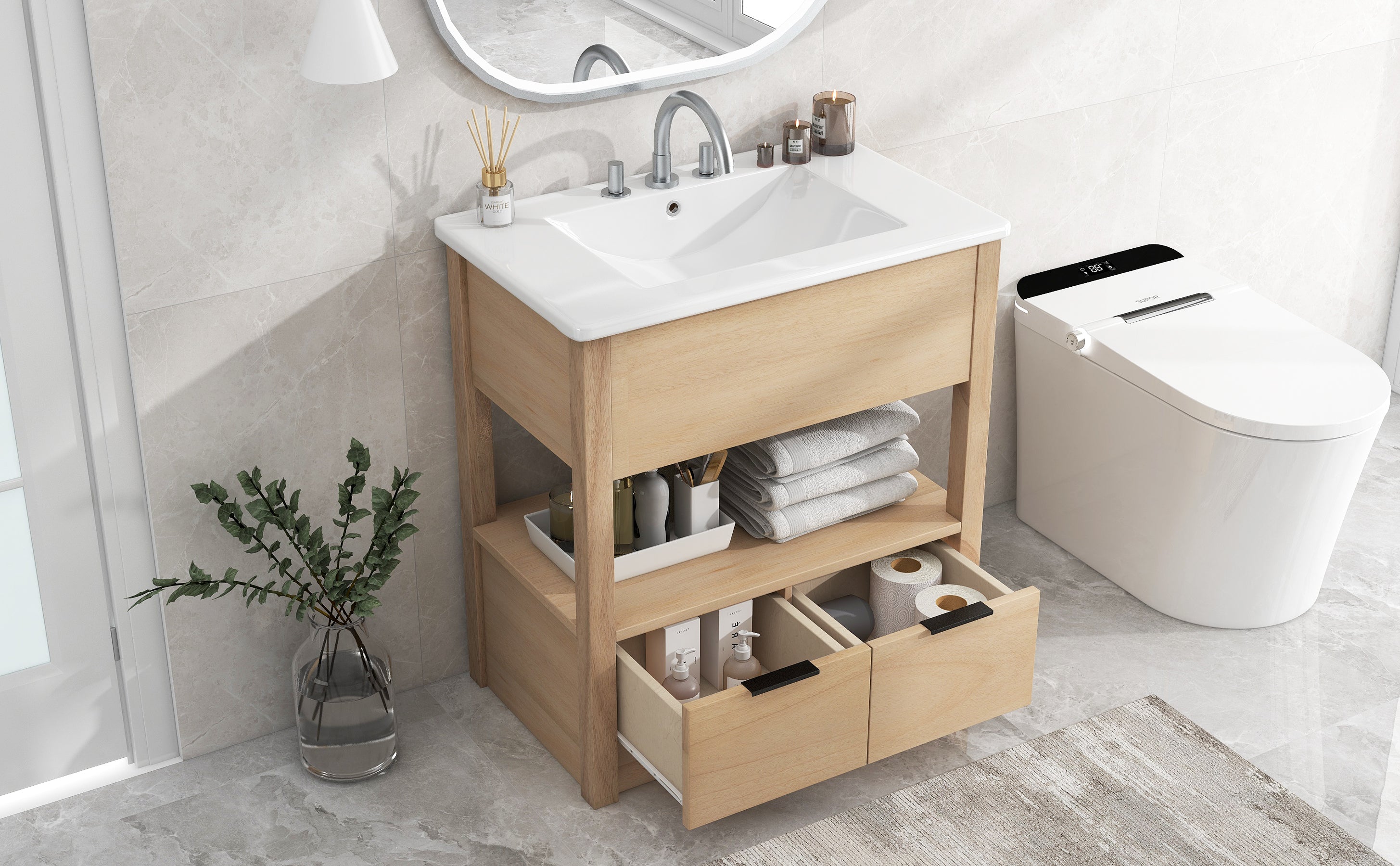 30" Bathroom Vanity with Sink Top, Bathroom Cabinet with Open Storage Shelf and Two Drawers, One Package, Natural (Old Sku:WF311619AAD)