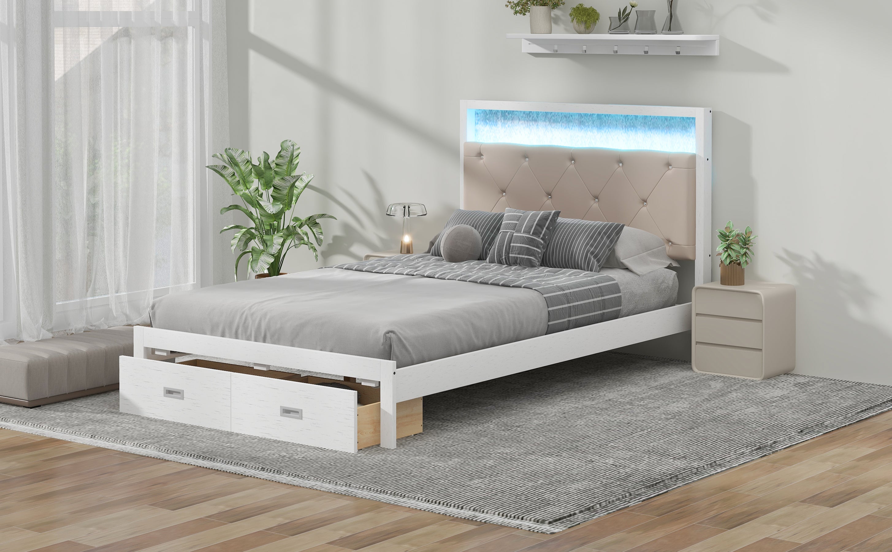 Wood Full Size Platform Bed with Upholstered Headboard and LED and 2 Drawers, Antique White