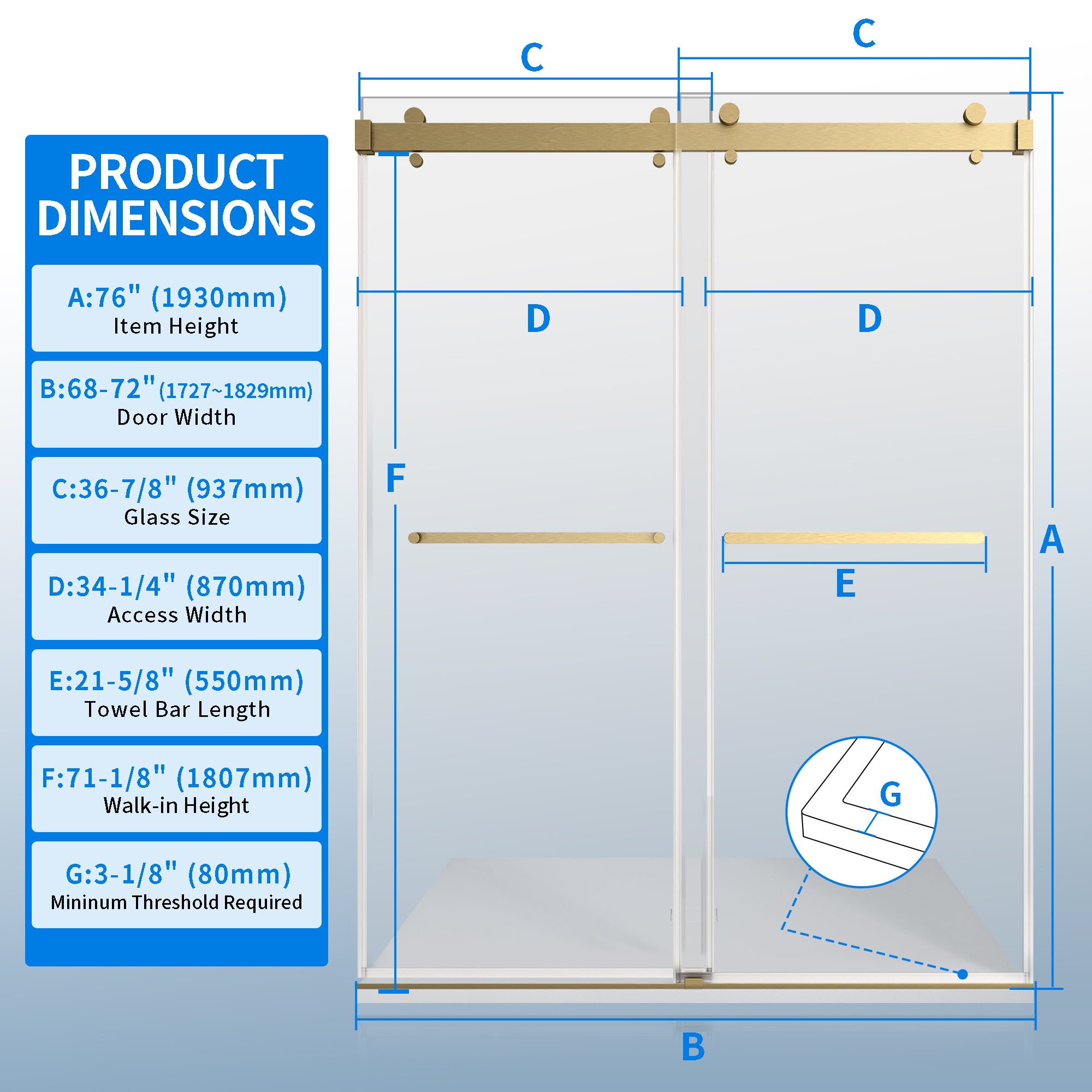 68-72"W × 76"H Double Sliding Frameless Shower Door With 3/8 inches (10mm) Clear Tempered Glass, Brushed Gold Finish