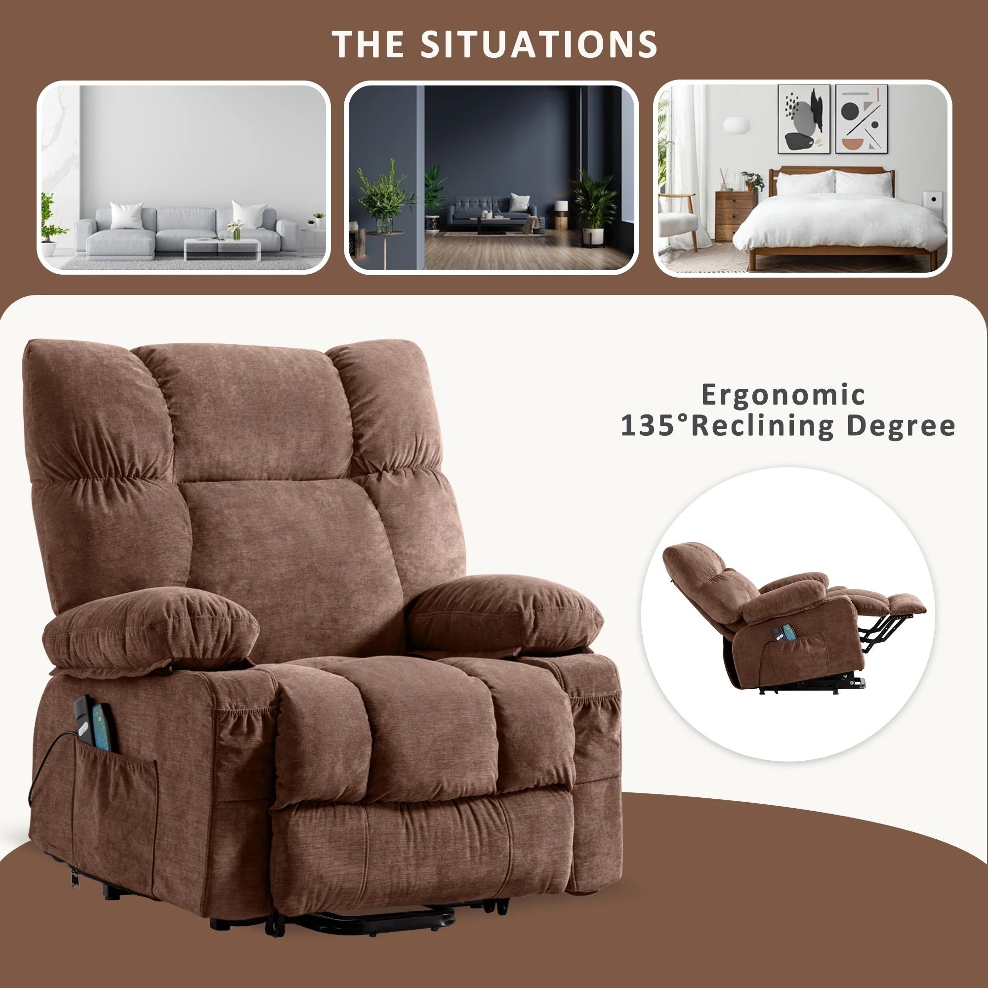 Power Lift Recliner Chair Recliners for Elderly with Heat and Massage Recliner Chair for Living Room with Infinite Position and Side Pocket,USB Charge Port,BROWN