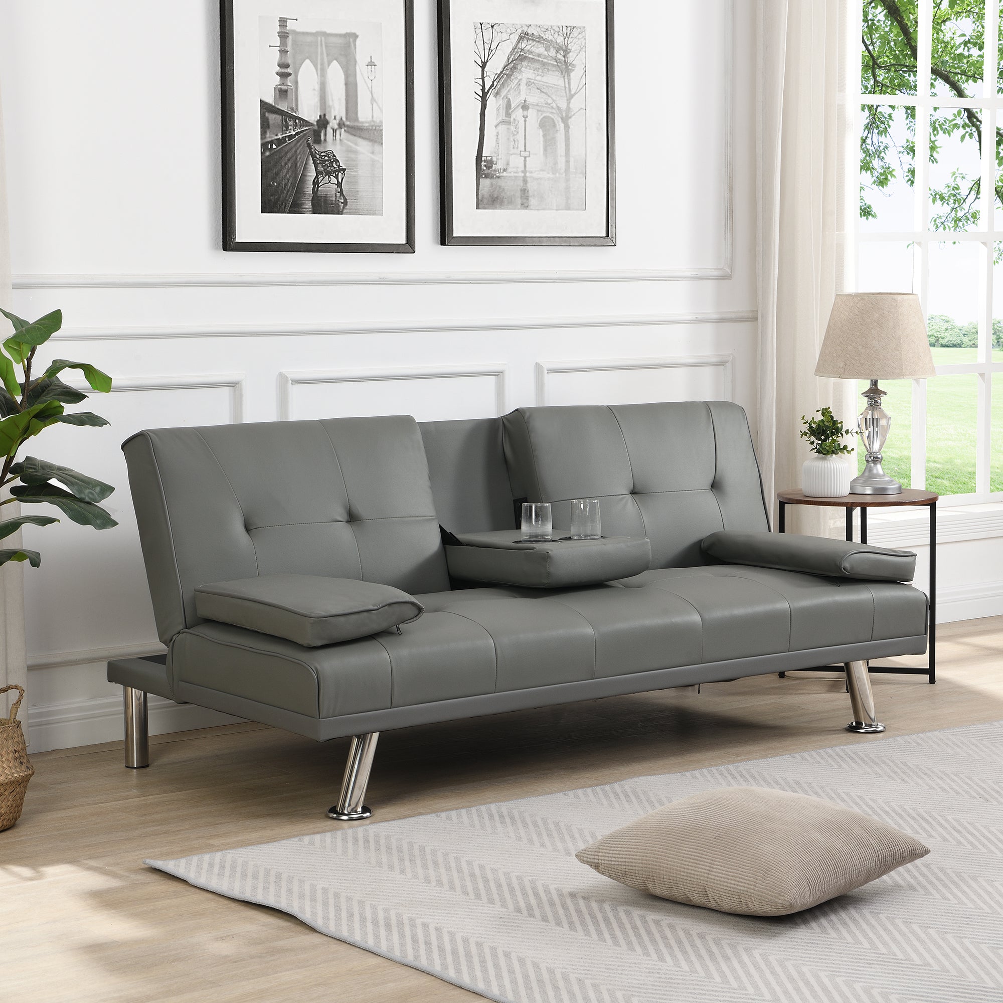 Sofa Bed with Armrest two holders WOOD FRAME, STAINLESS LEG, FUTON GREY PVC