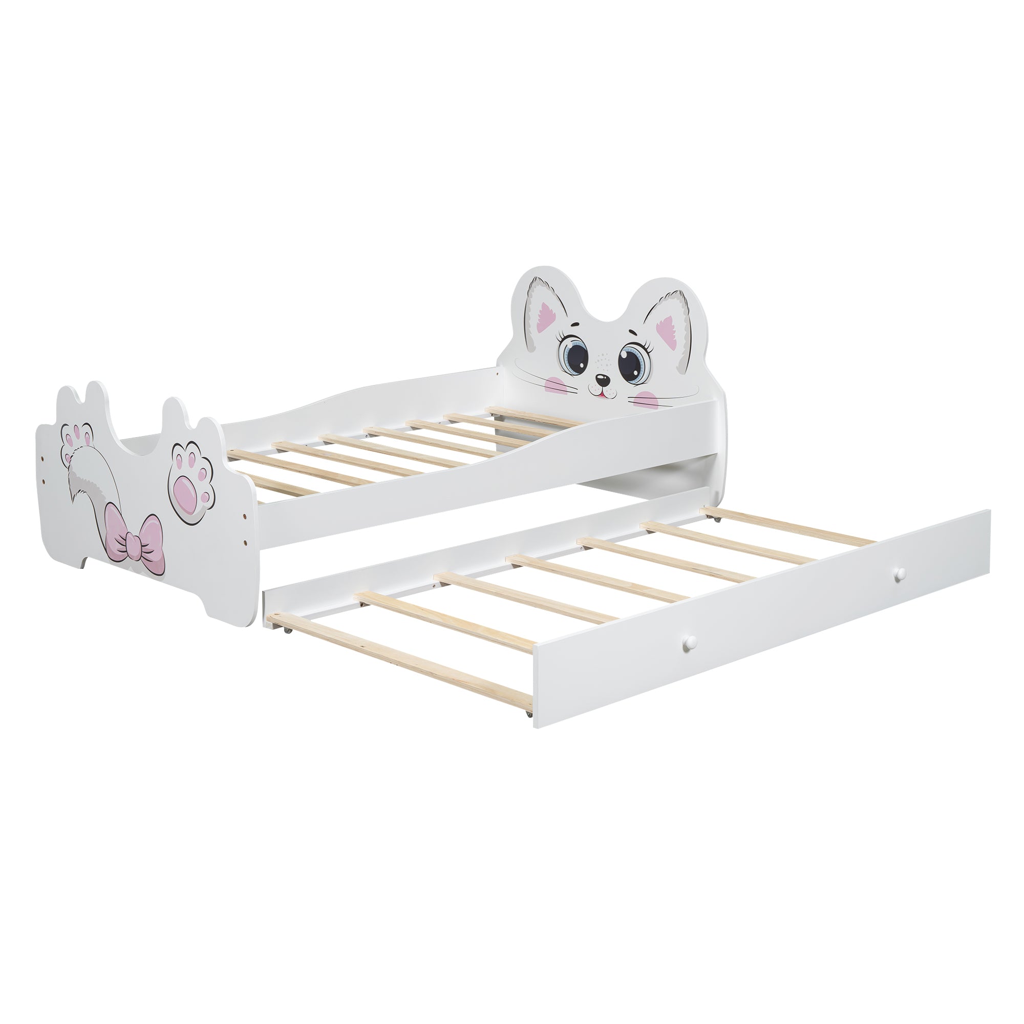 Cartoon Twin Size Platform Bed with Trundle, White