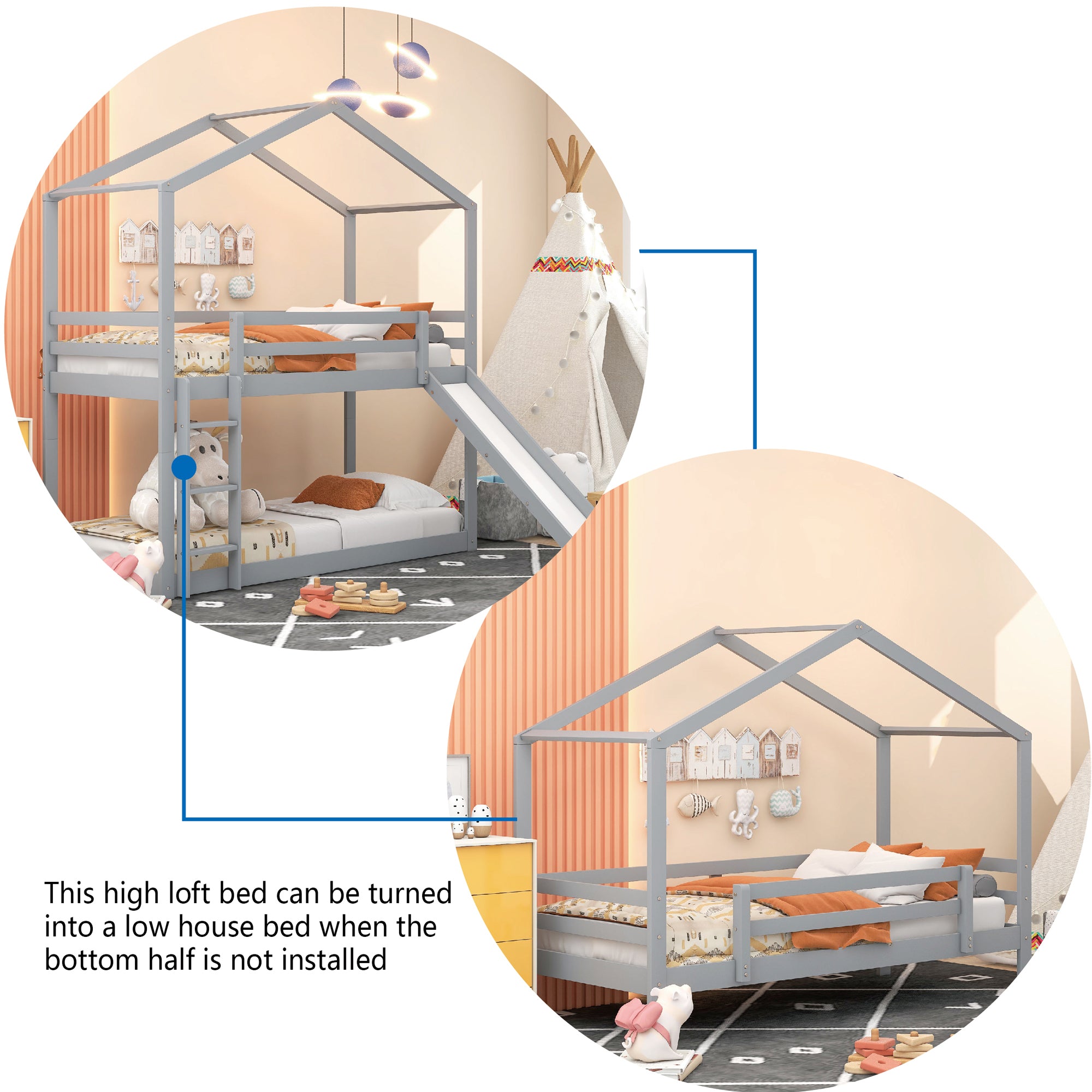 Twin Over Twin Bunk Bed with Roof, Slide and Ladder, Gray