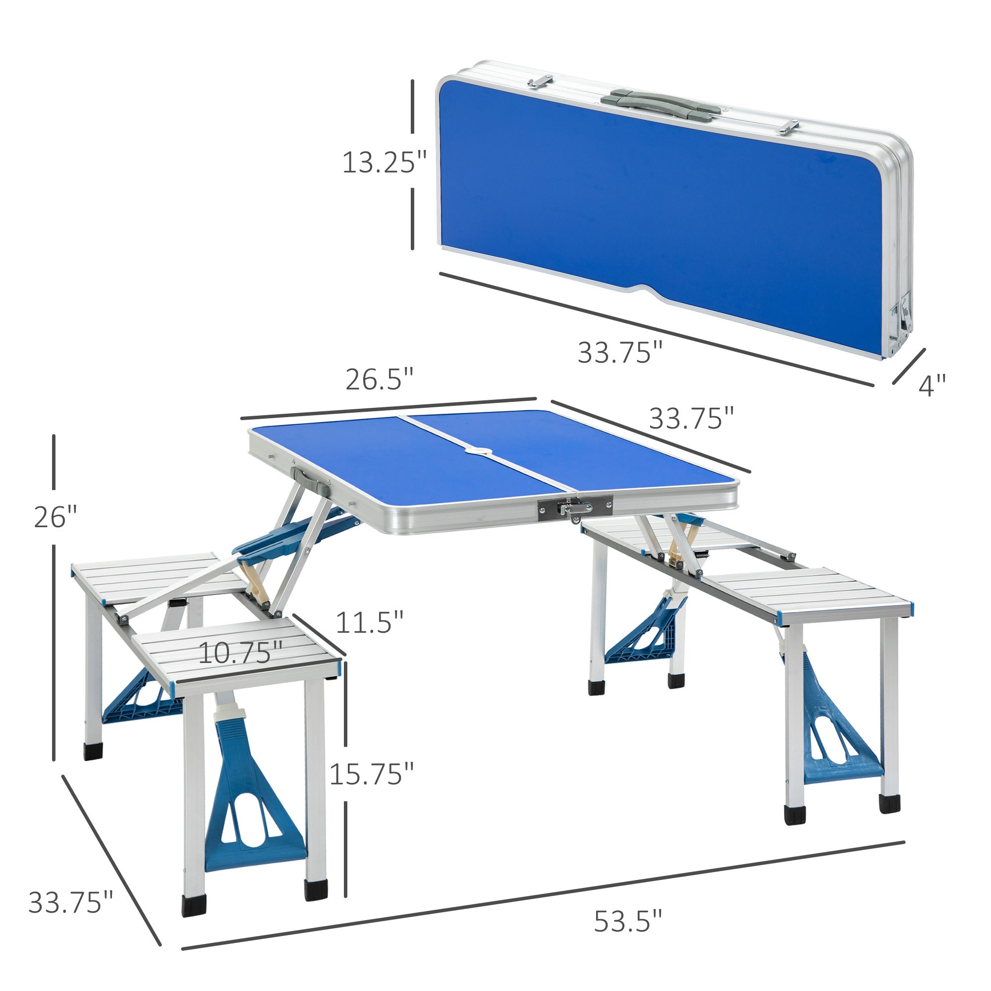 Outsunny Folding Picnic Table with Umbrella Hole, Aluminum Suitcase Portable Outdoor Table with Bench, Patio, Porch or Camping Table and Chair Set, Ocean Blue