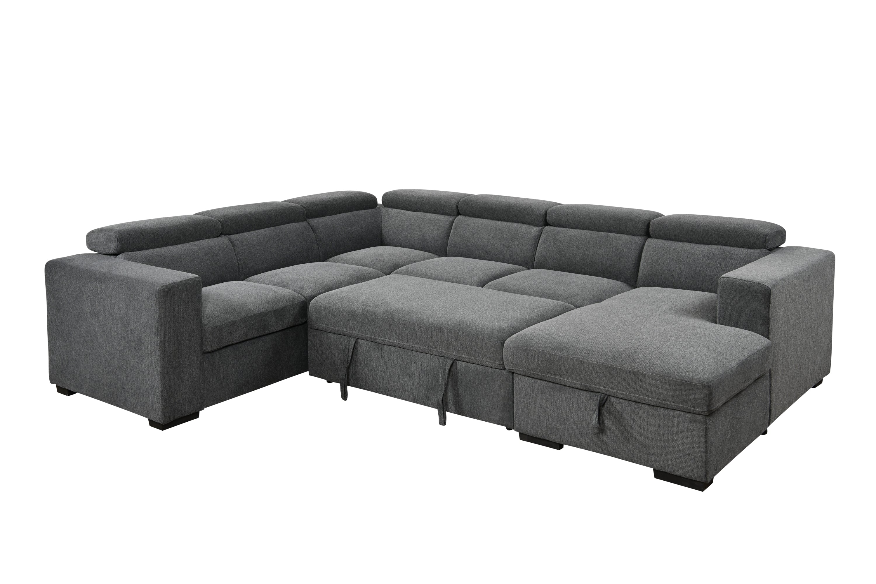 123" 4 in 1 Modern U-Shaped 7-seat Sectional Sofa Couch with Adjustable Headrest, Sofa Bed with Storage Chaise,Pull Out Couch Bed for Living Room ,Dark Gray